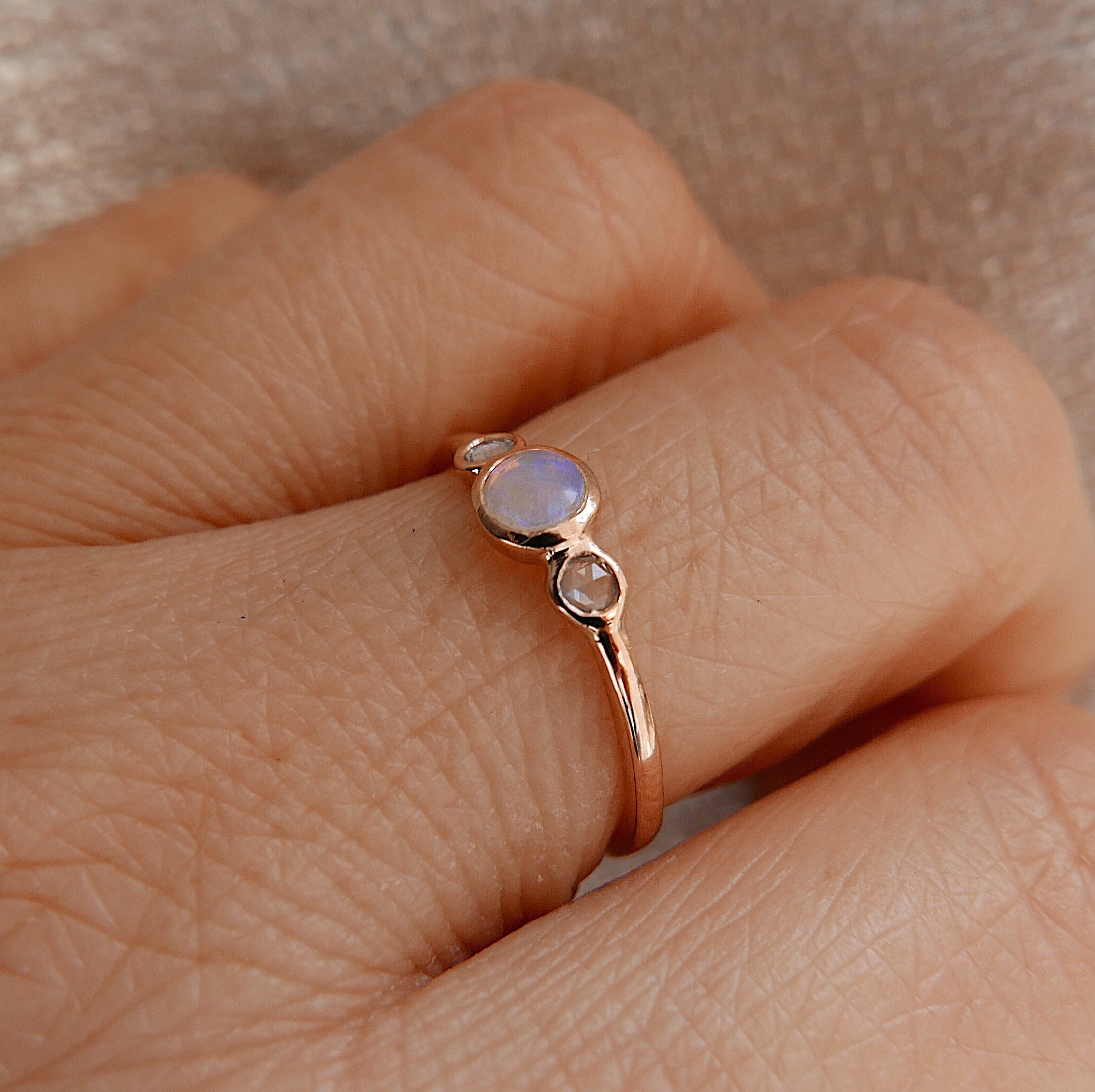 3 Stone Opal Ring, three stone bezel ring, rose cut sapphire ring, 14k gold rosecut sapphire ring, opal ring