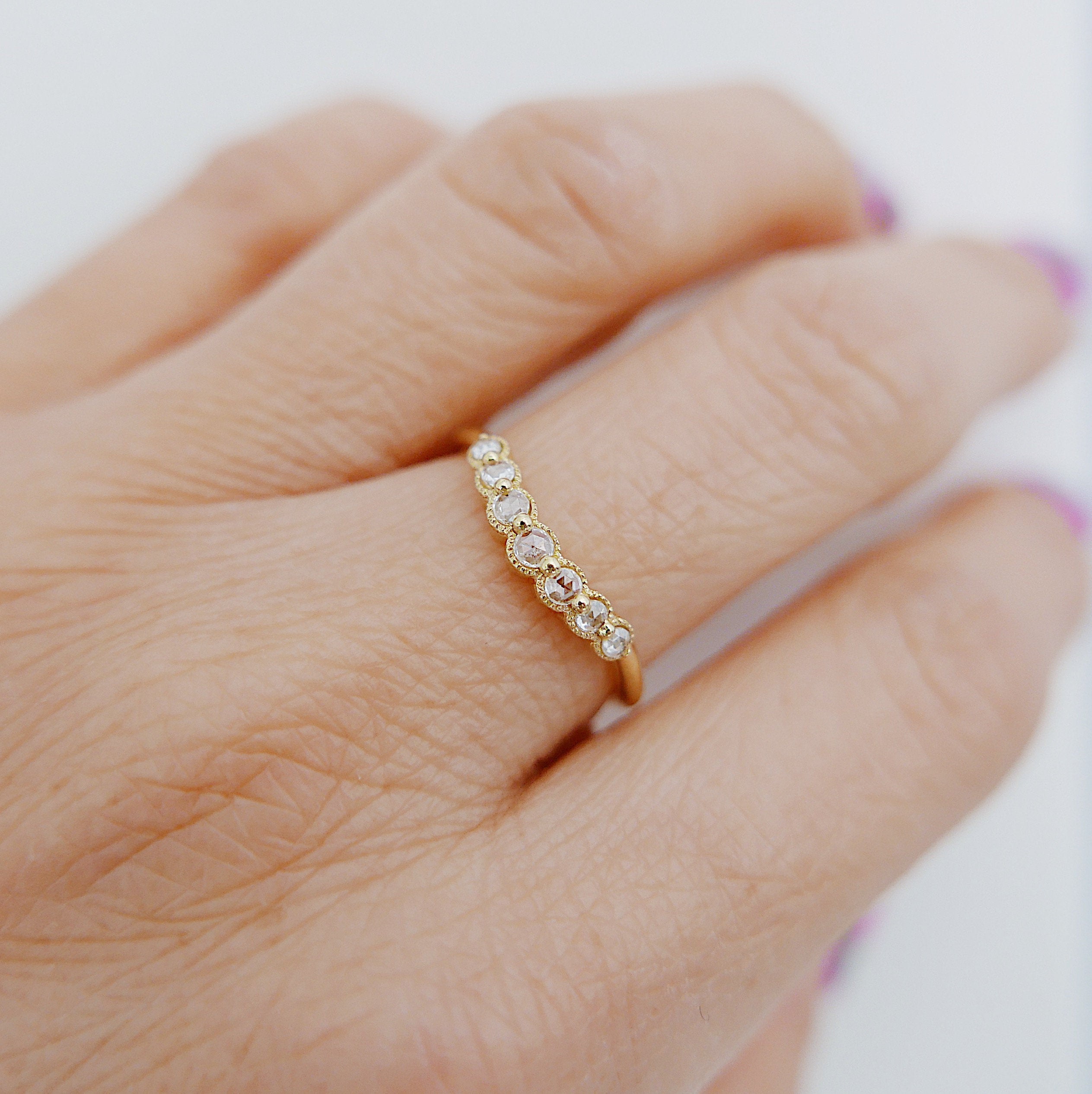 Milgrain Diamond Arc Ring Small 18K, white diamond ring, diamond ring, 18k gold arc ring, delicate wedding ring, stacking ring, ooak