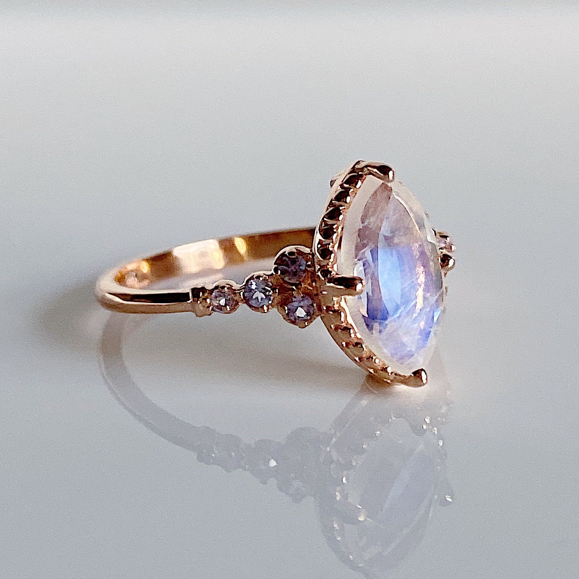 Lovestruck moonstone and tanzanite ring, Marquise Moonstone Ring with tanzanites,