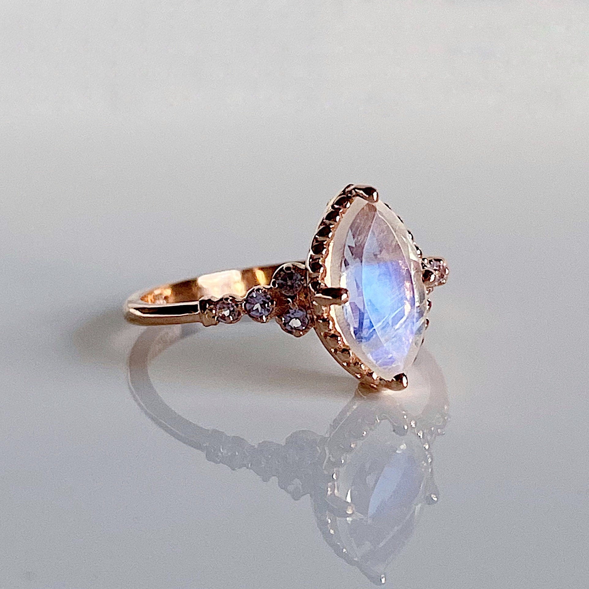 Lovestruck moonstone and tanzanite ring, Marquise Moonstone Ring with tanzanites,