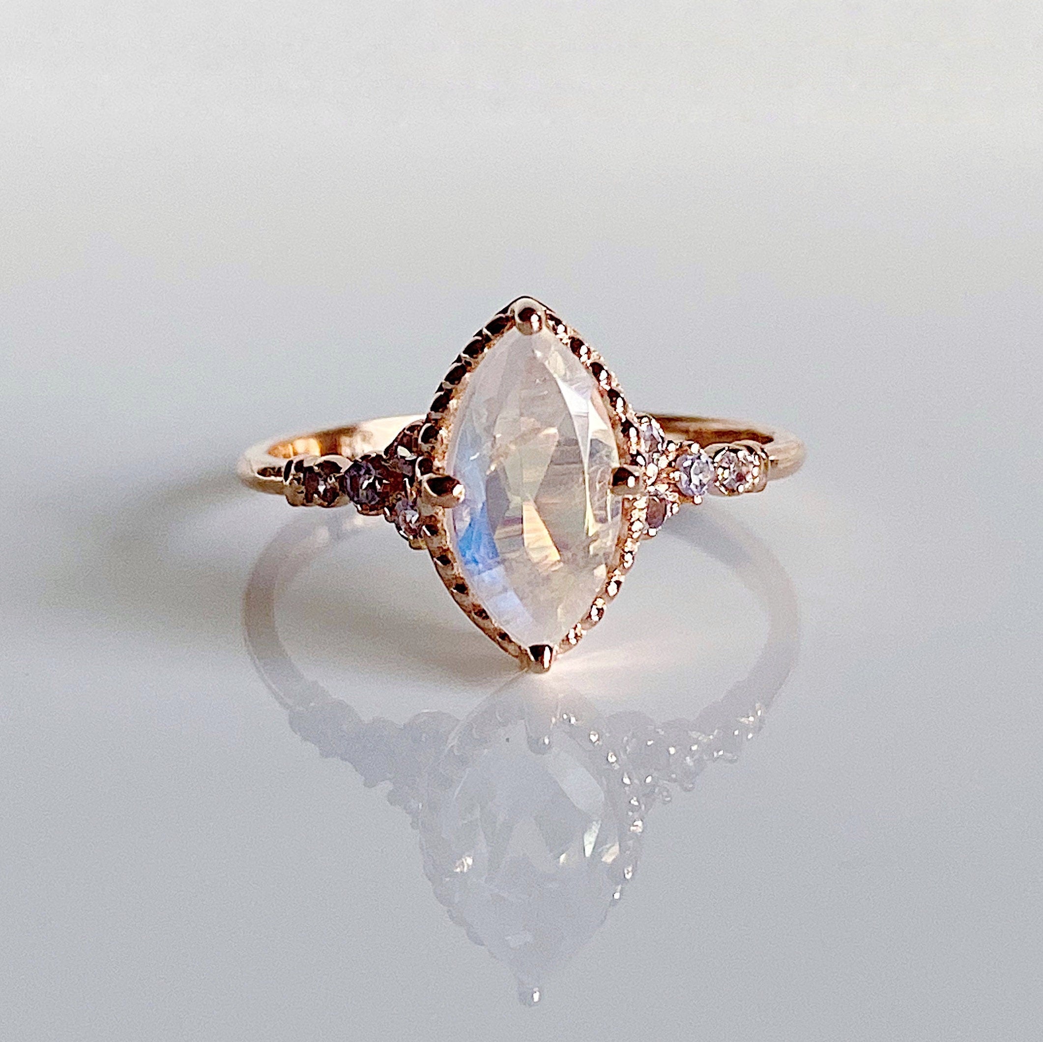 Lovestruck moonstone and tanzanite ring, Marquise Moonstone Ring with tanzanites,