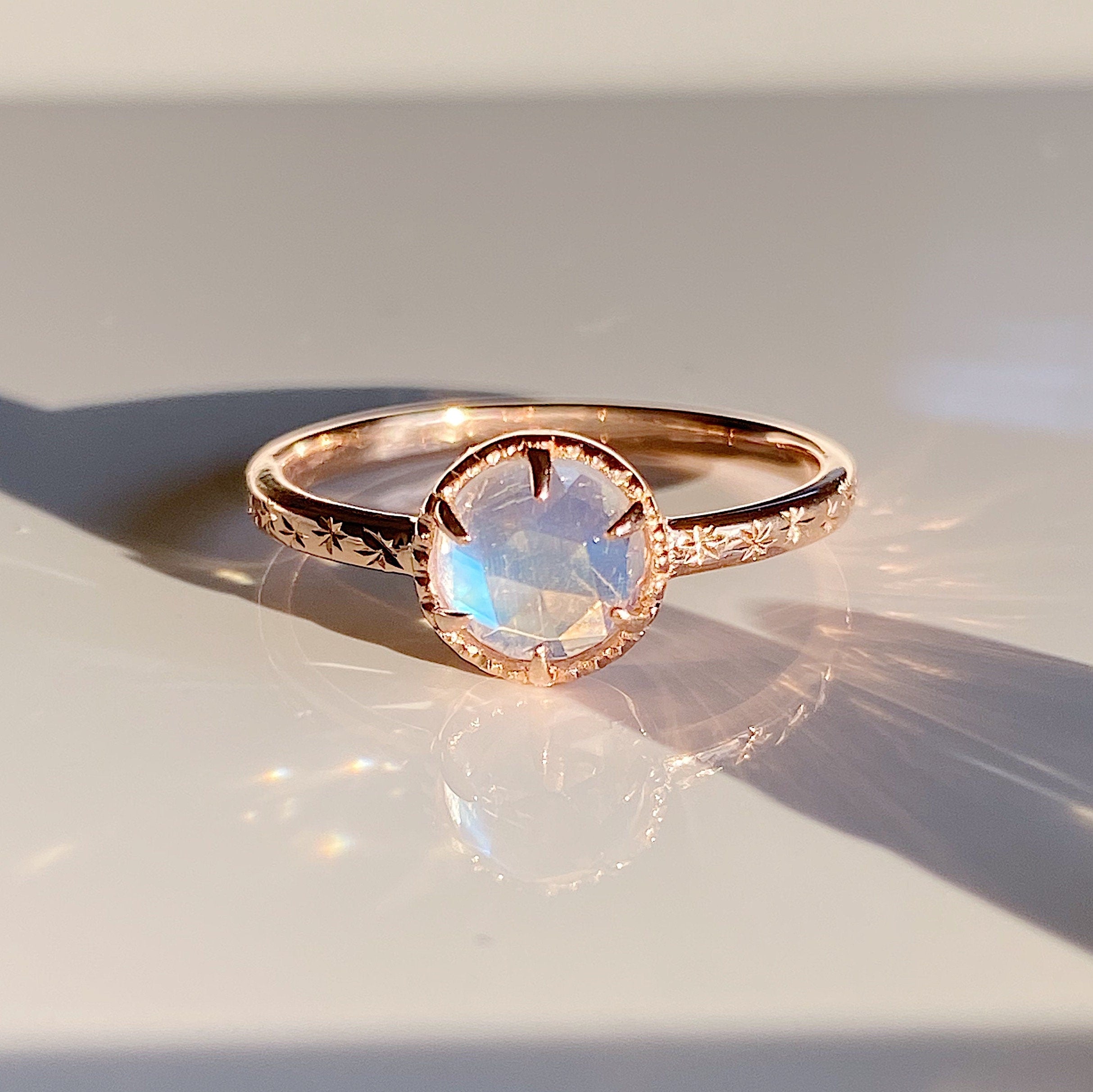 Starry night ring, Rosecut moonstone solitaire, Round Moonstone Ring with Star engraved Band