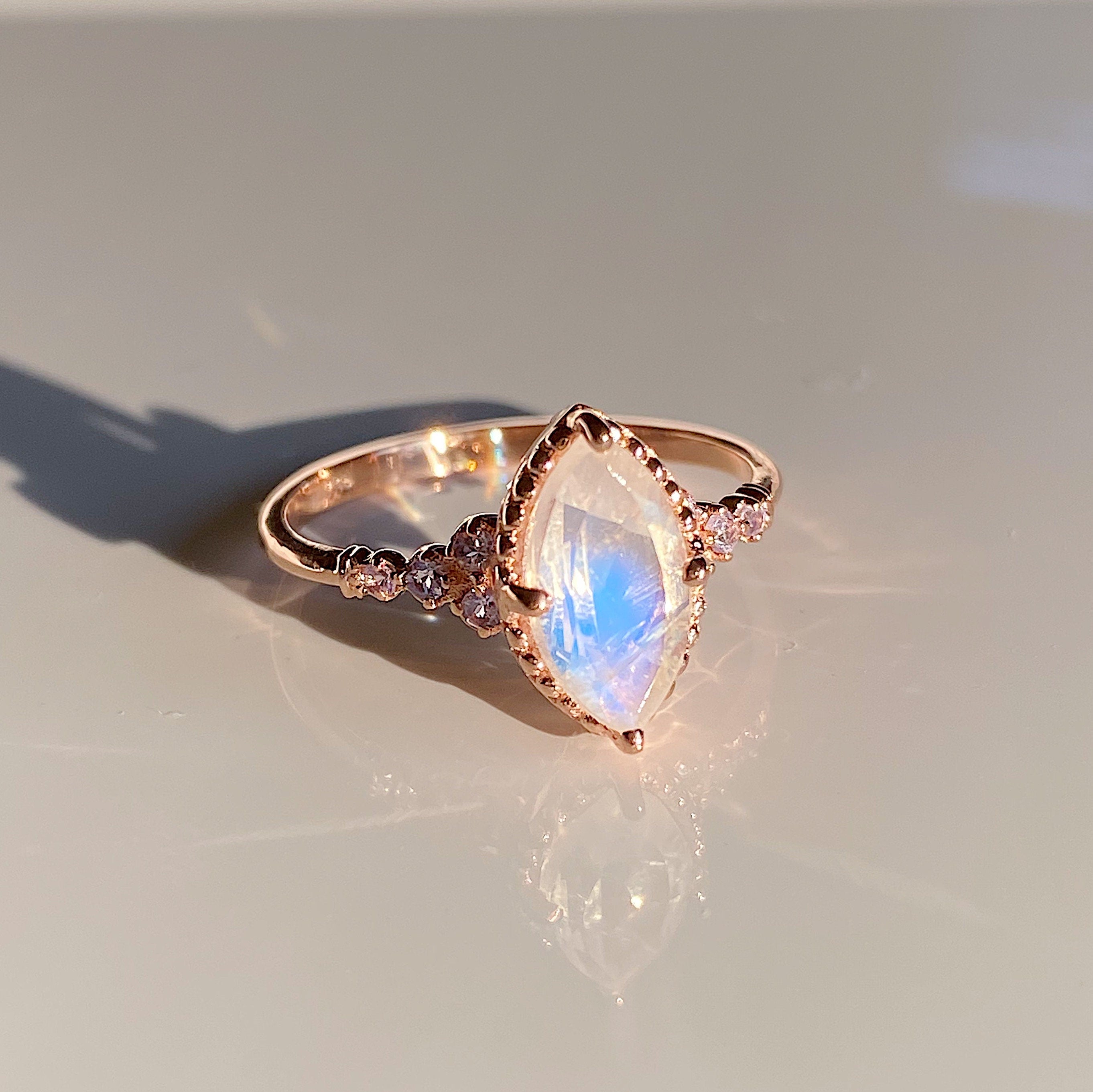 Lovestruck moonstone and tanzanite ring, Marquise Moonstone Ring with tanzanites,