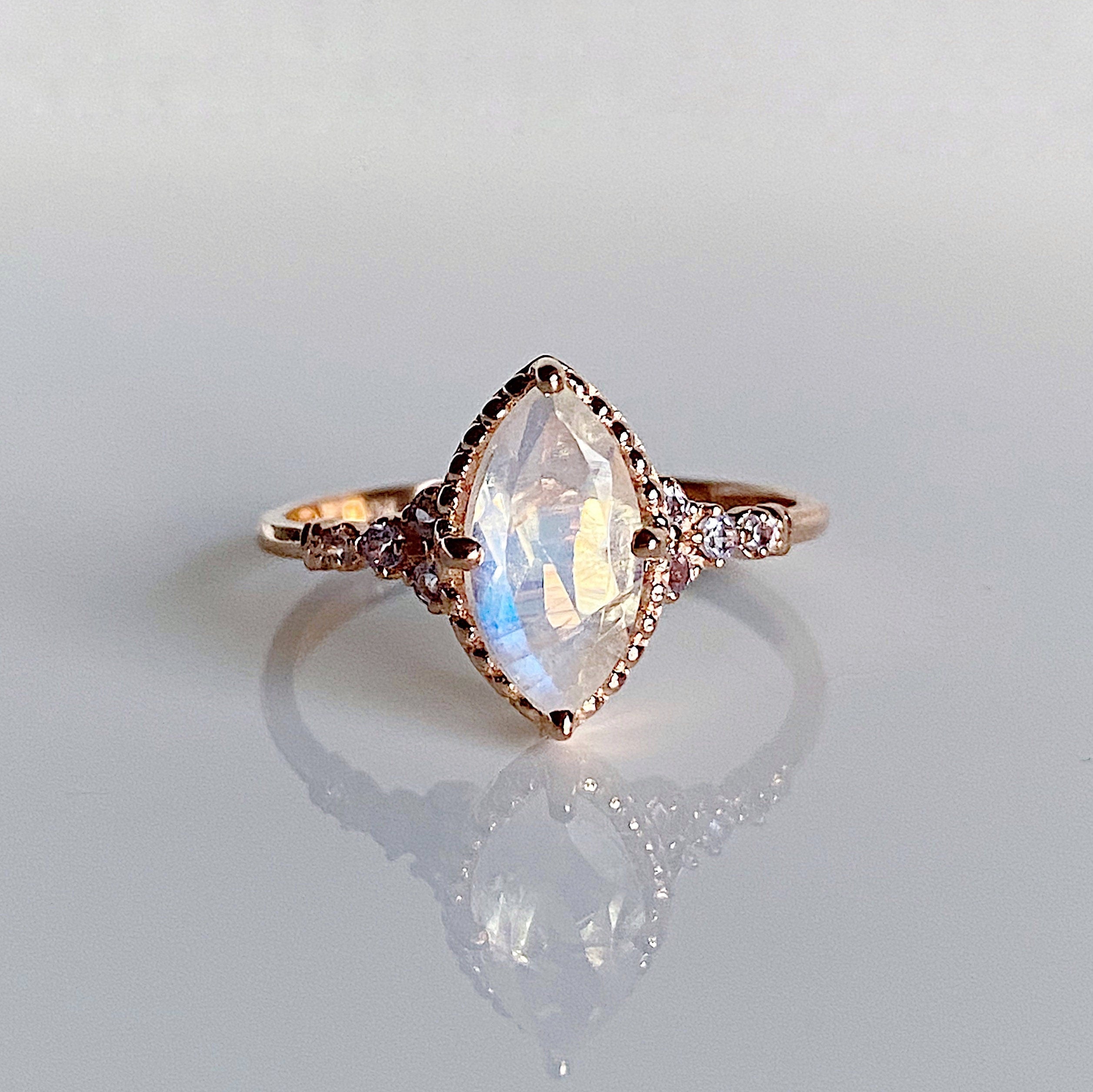 Lovestruck moonstone and tanzanite ring, Marquise Moonstone Ring with tanzanites,