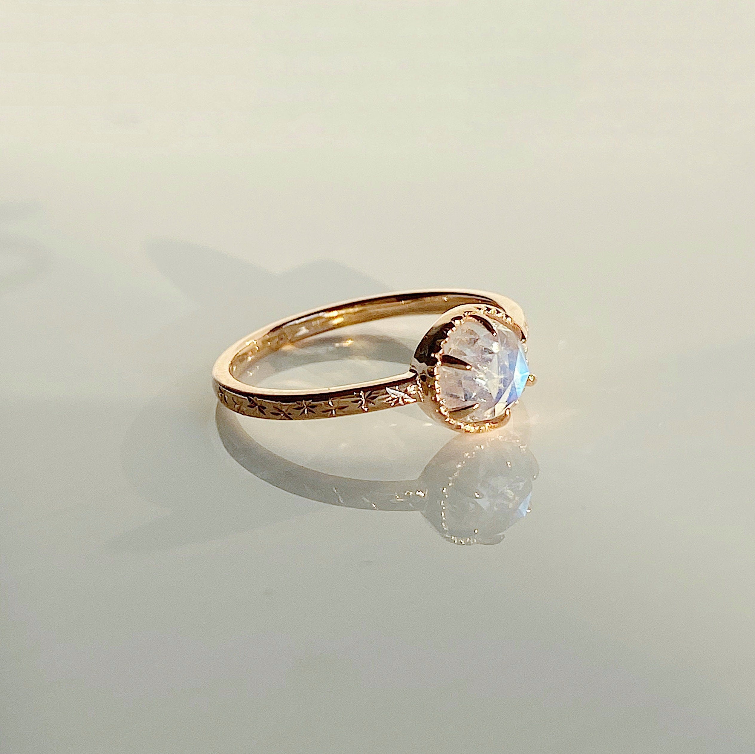 Starry night ring, Rosecut moonstone solitaire, Round Moonstone Ring with Star engraved Band