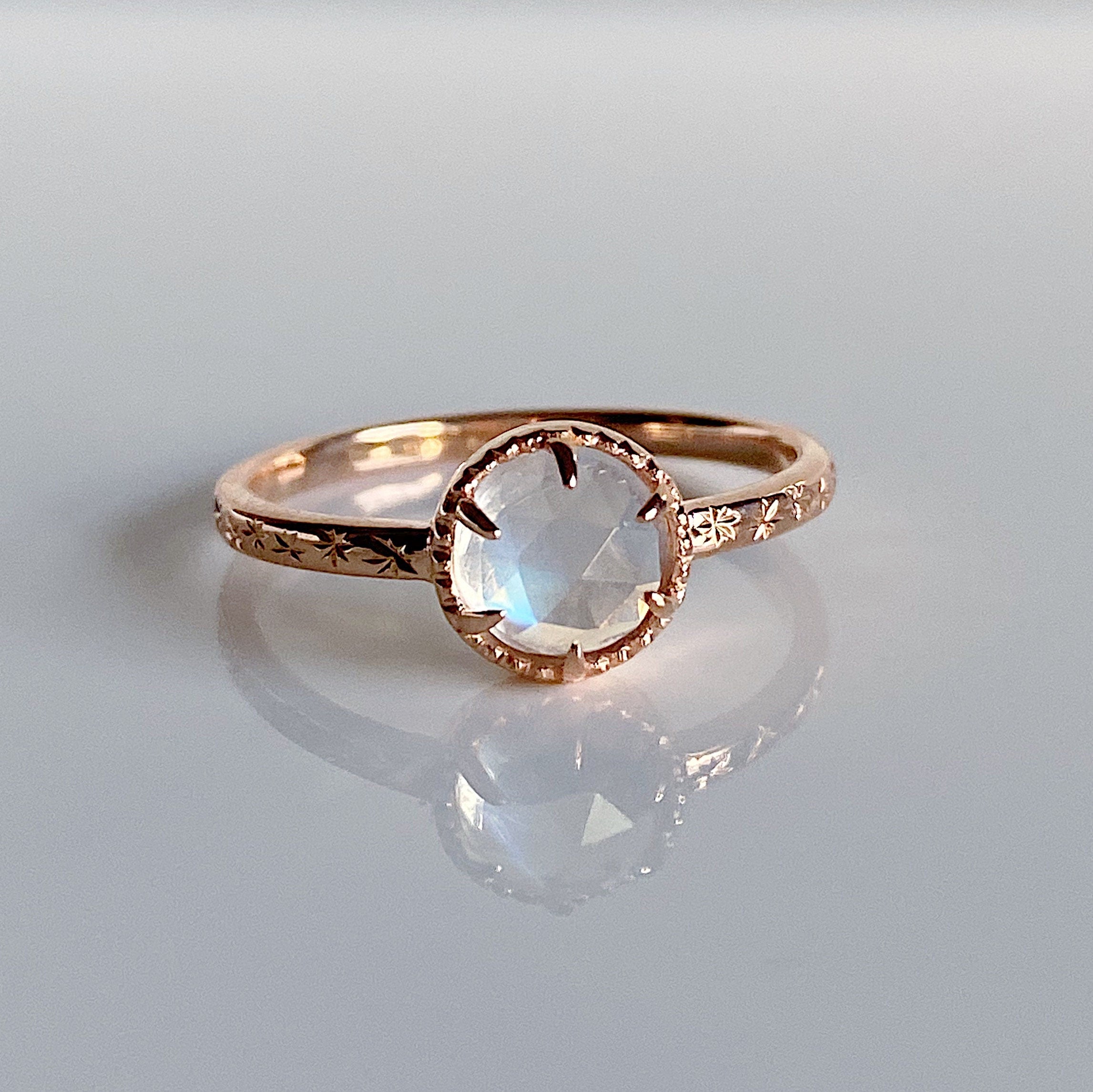 Starry night ring, Rosecut moonstone solitaire, Round Moonstone Ring with Star engraved Band