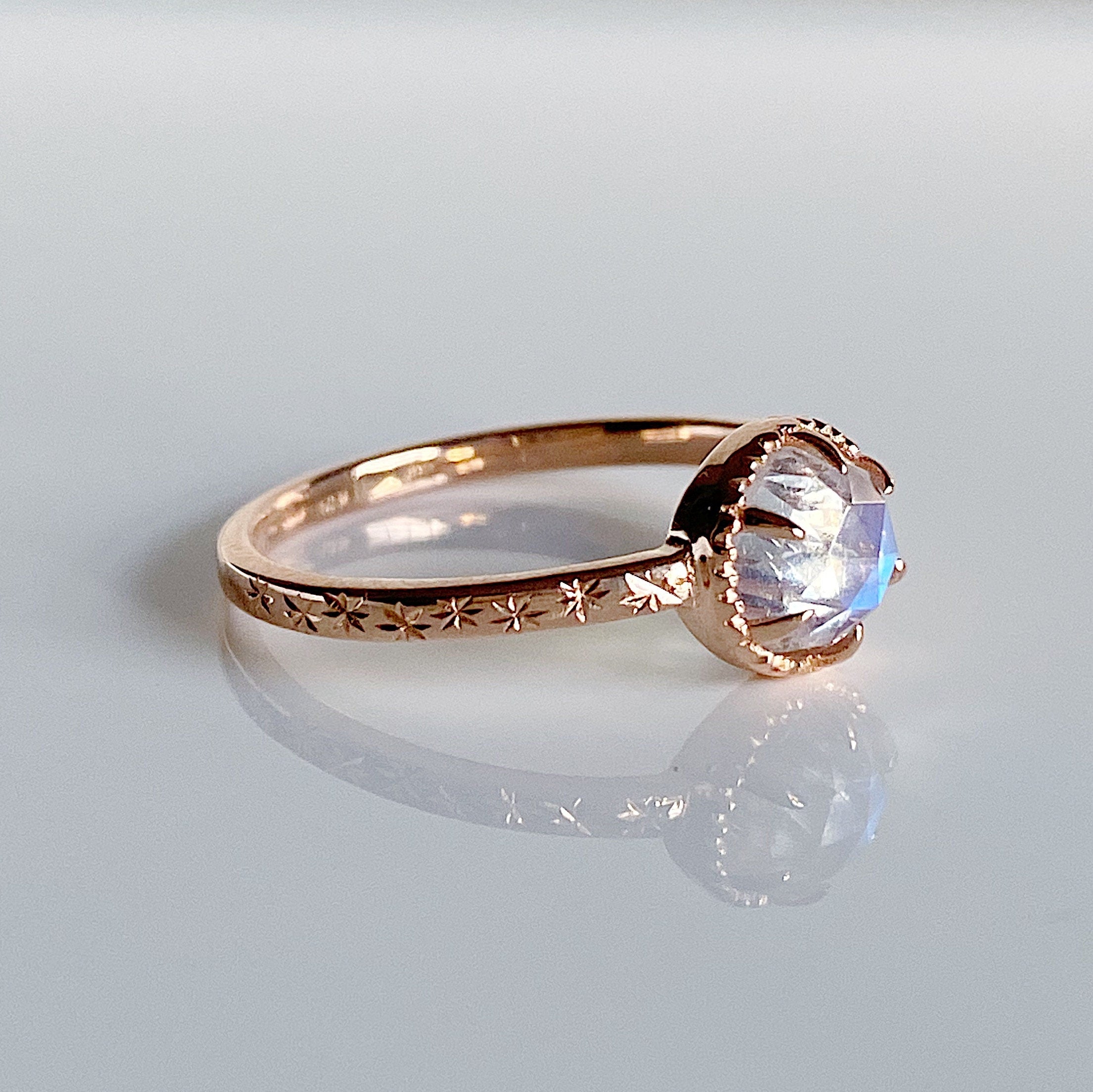 Starry night ring, Rosecut moonstone solitaire, Round Moonstone Ring with Star engraved Band