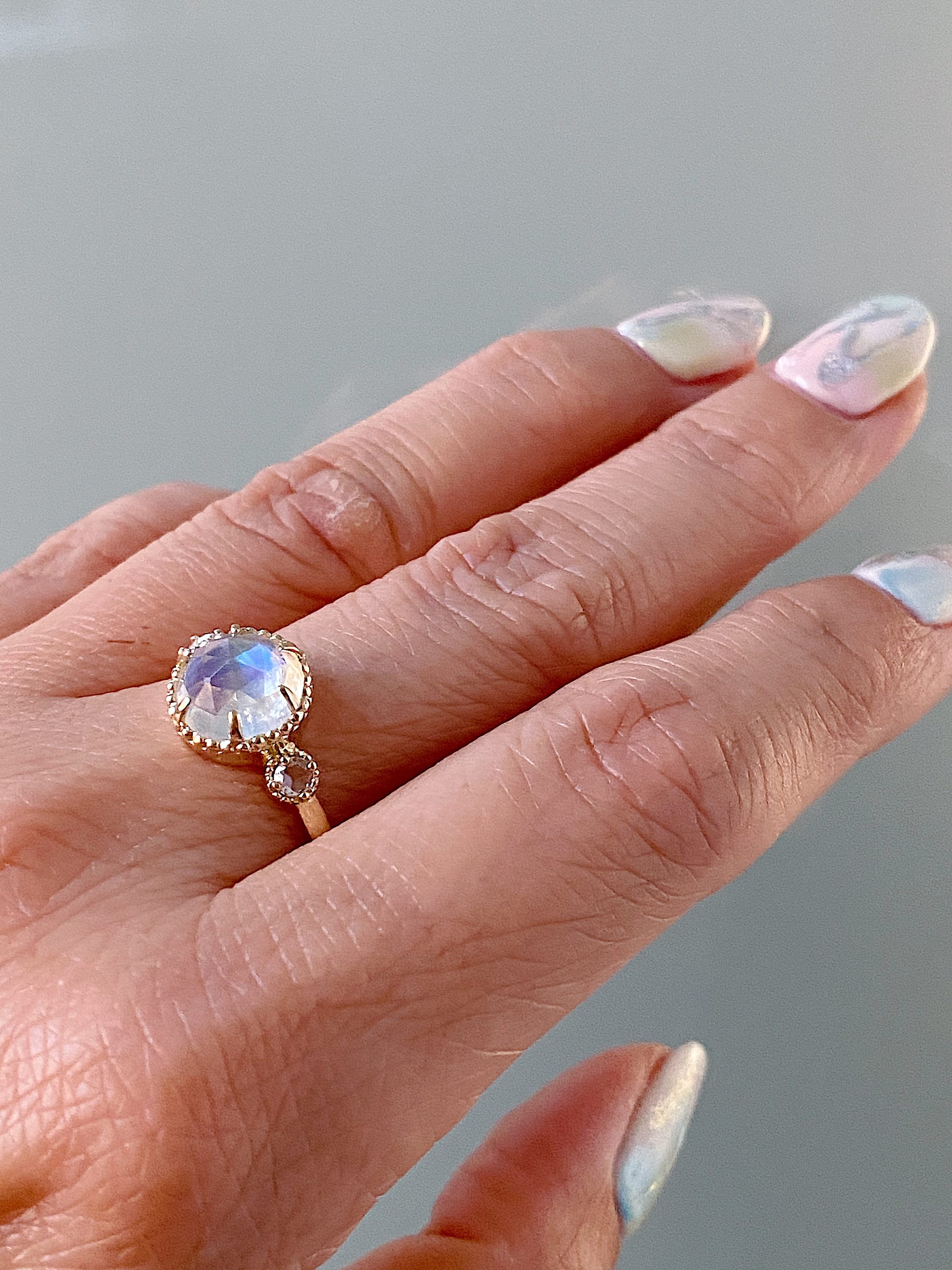 Celeste moonstone ring, Round Rosecut Moonstone Ring with diamond side stones, 3 stone ring