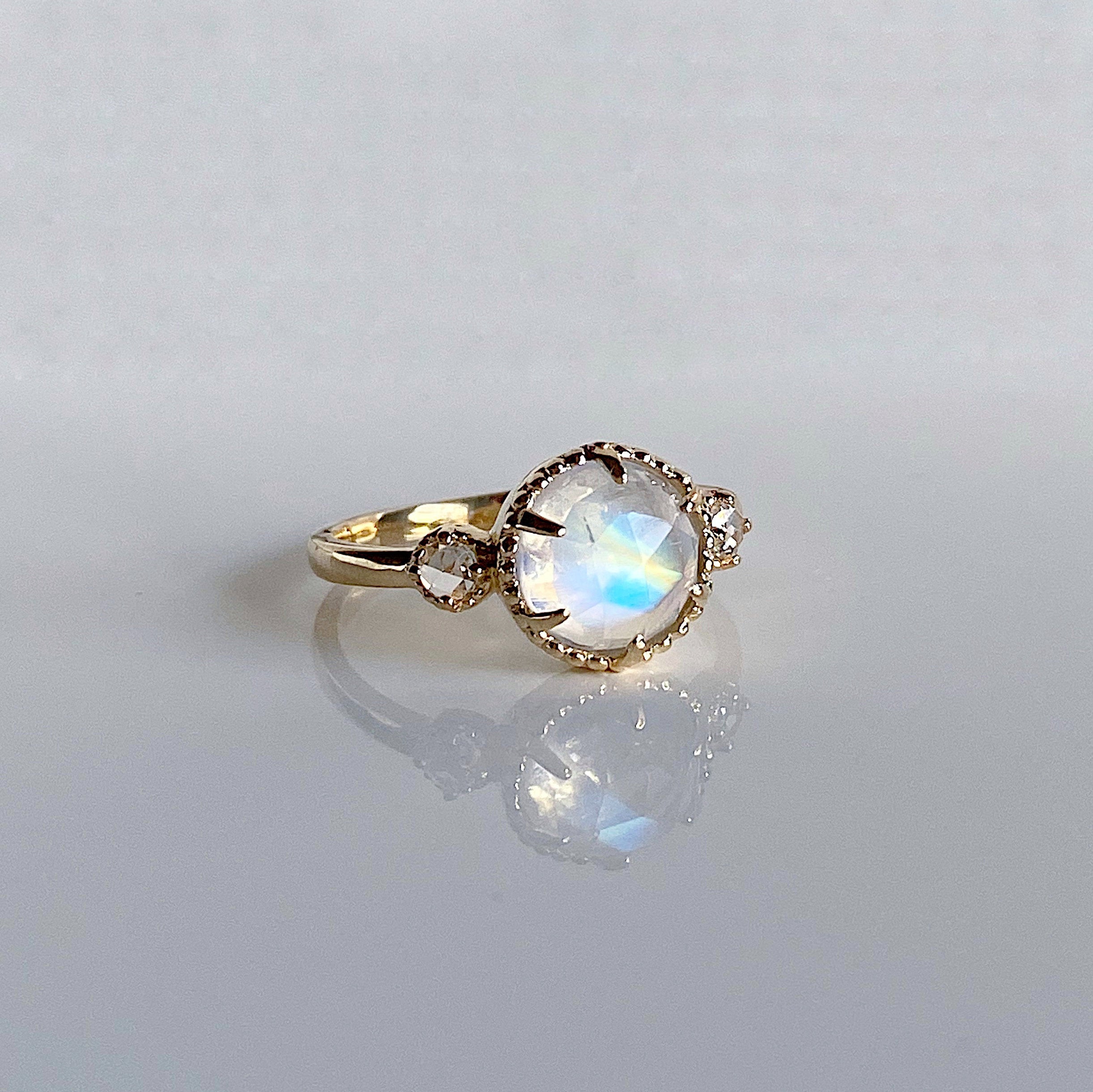 Celeste moonstone ring, Round Rosecut Moonstone Ring with diamond side stones, 3 stone ring