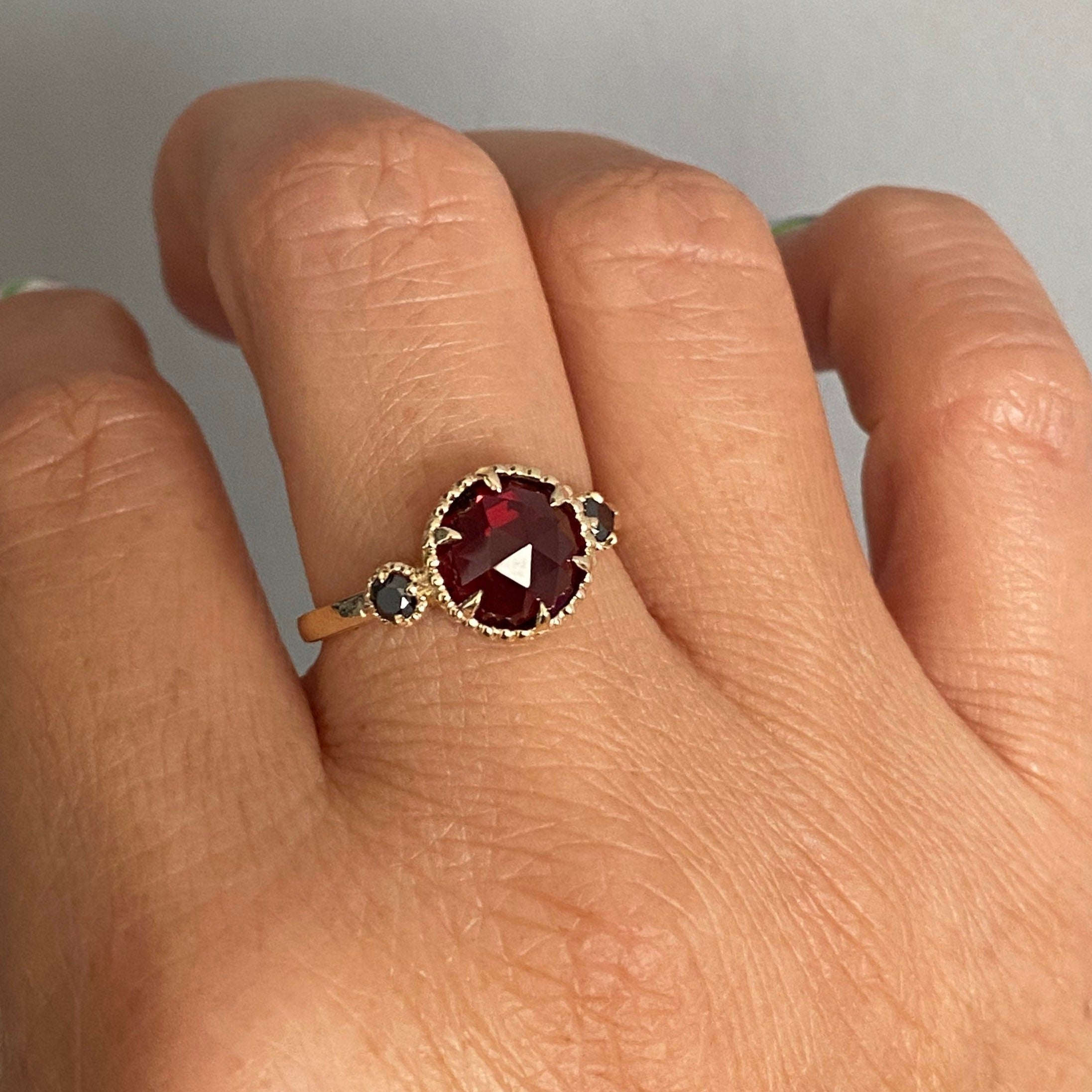 Celeste Rosecut garnet and black diamond ring, Statement garnet and diamond Ring, 3 stone ring