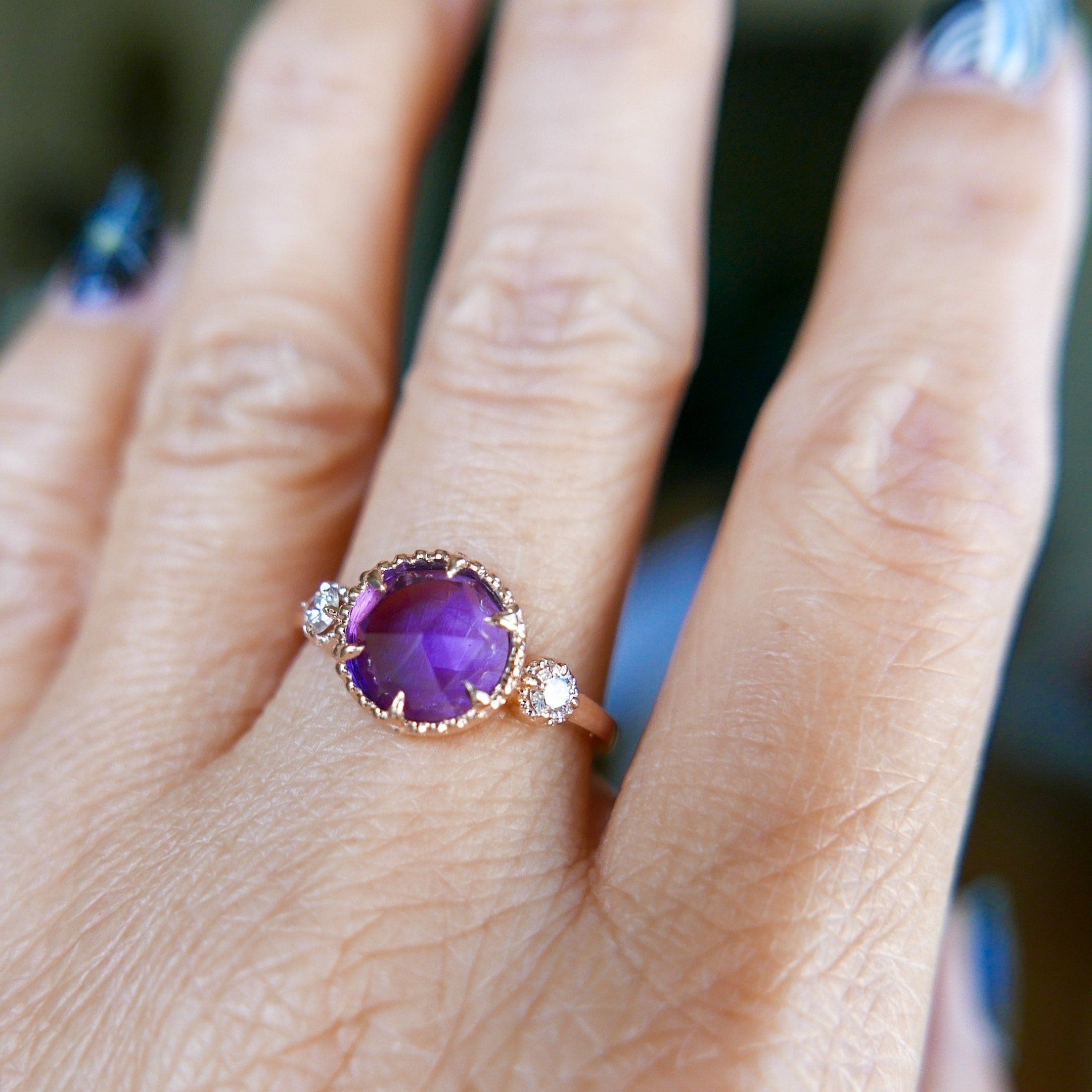 Celeste Rosecut amethyst and diamond ring, Statement amethyst and diamond Ring, 3 stone ring