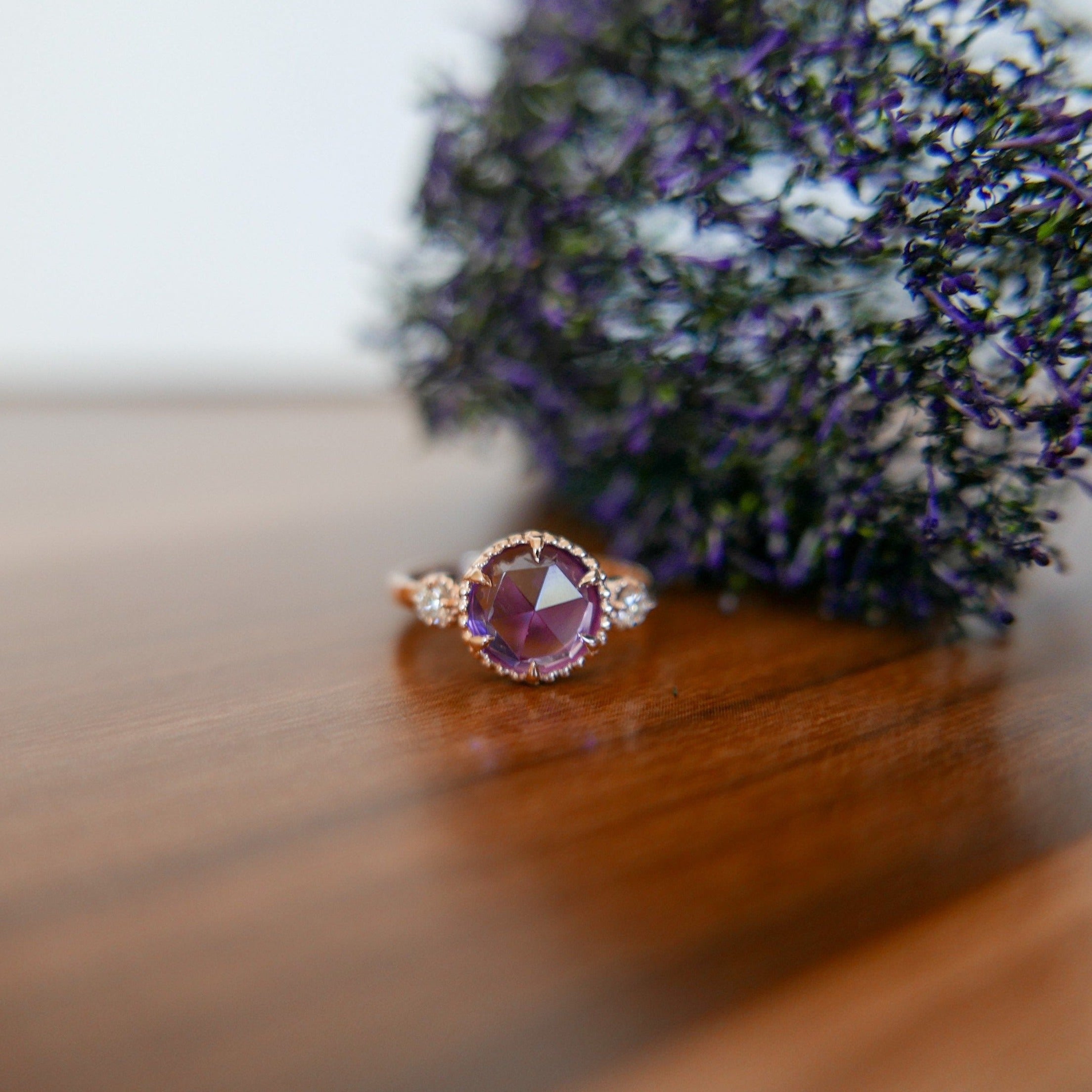 Celeste Rosecut amethyst and diamond ring, Statement amethyst and diamond Ring, 3 stone ring