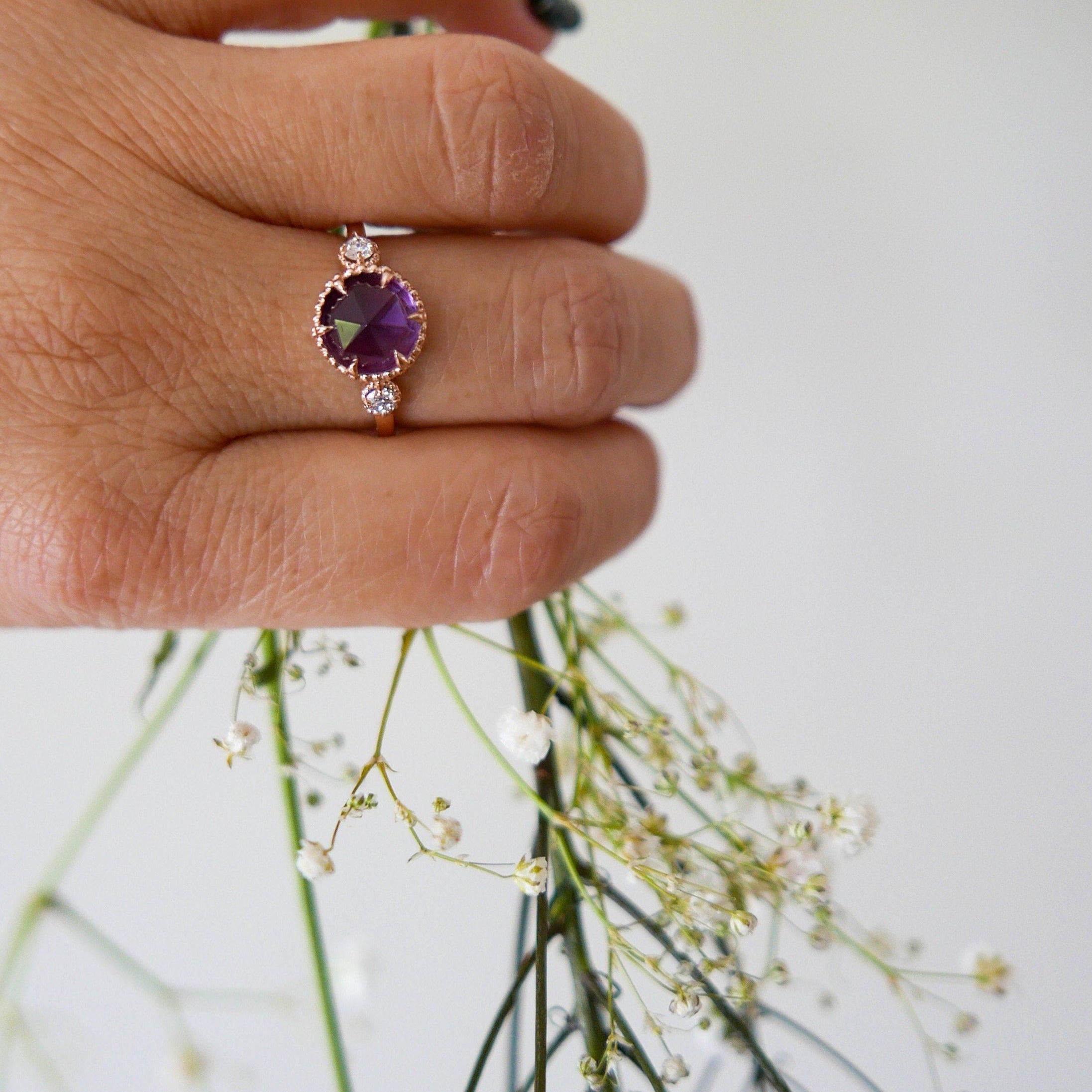 Celeste Rosecut amethyst and diamond ring, Statement amethyst and diamond Ring, 3 stone ring