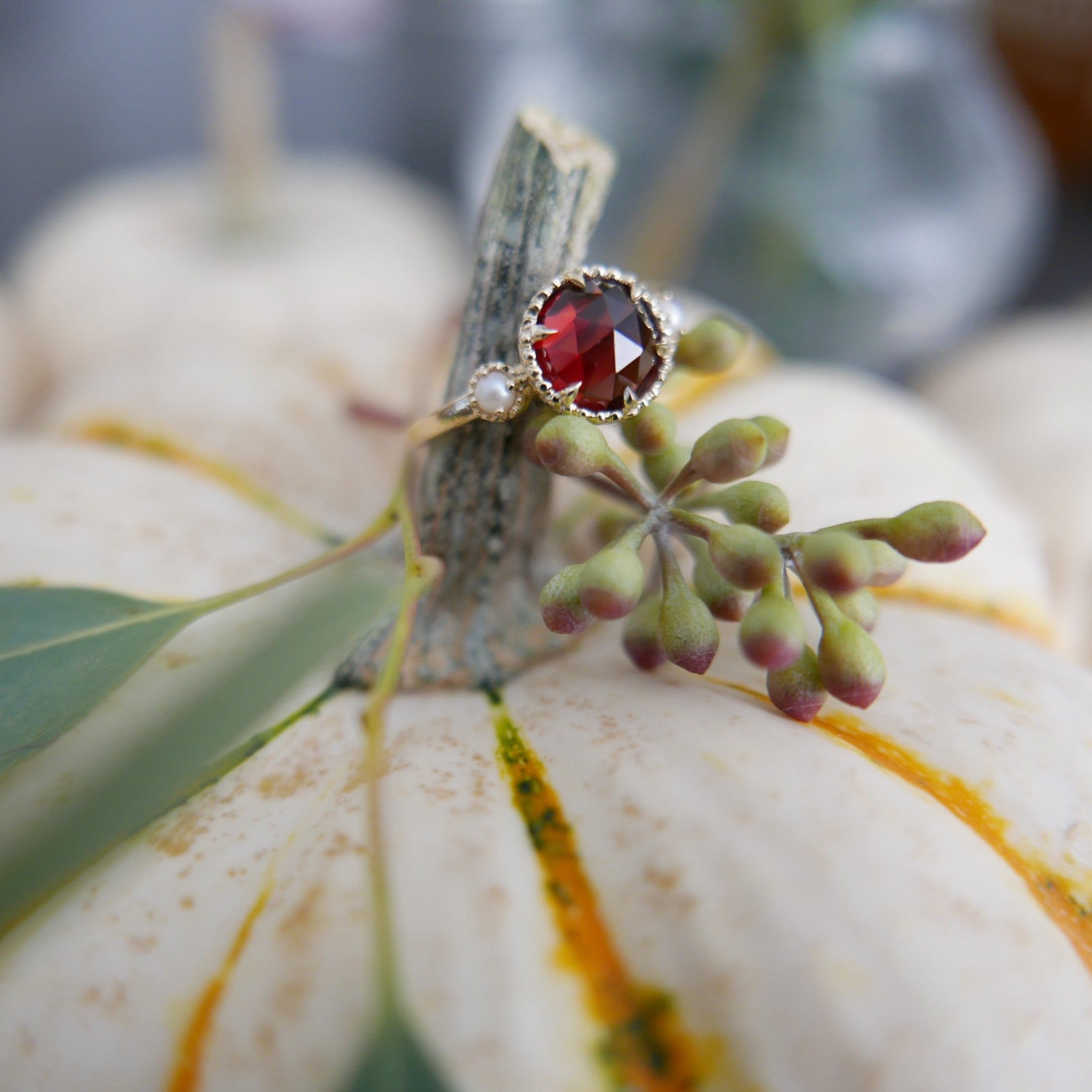 Celeste Rosecut garnet and pearl ring, Statement garnet  and pearl Ring, 3 stone ring