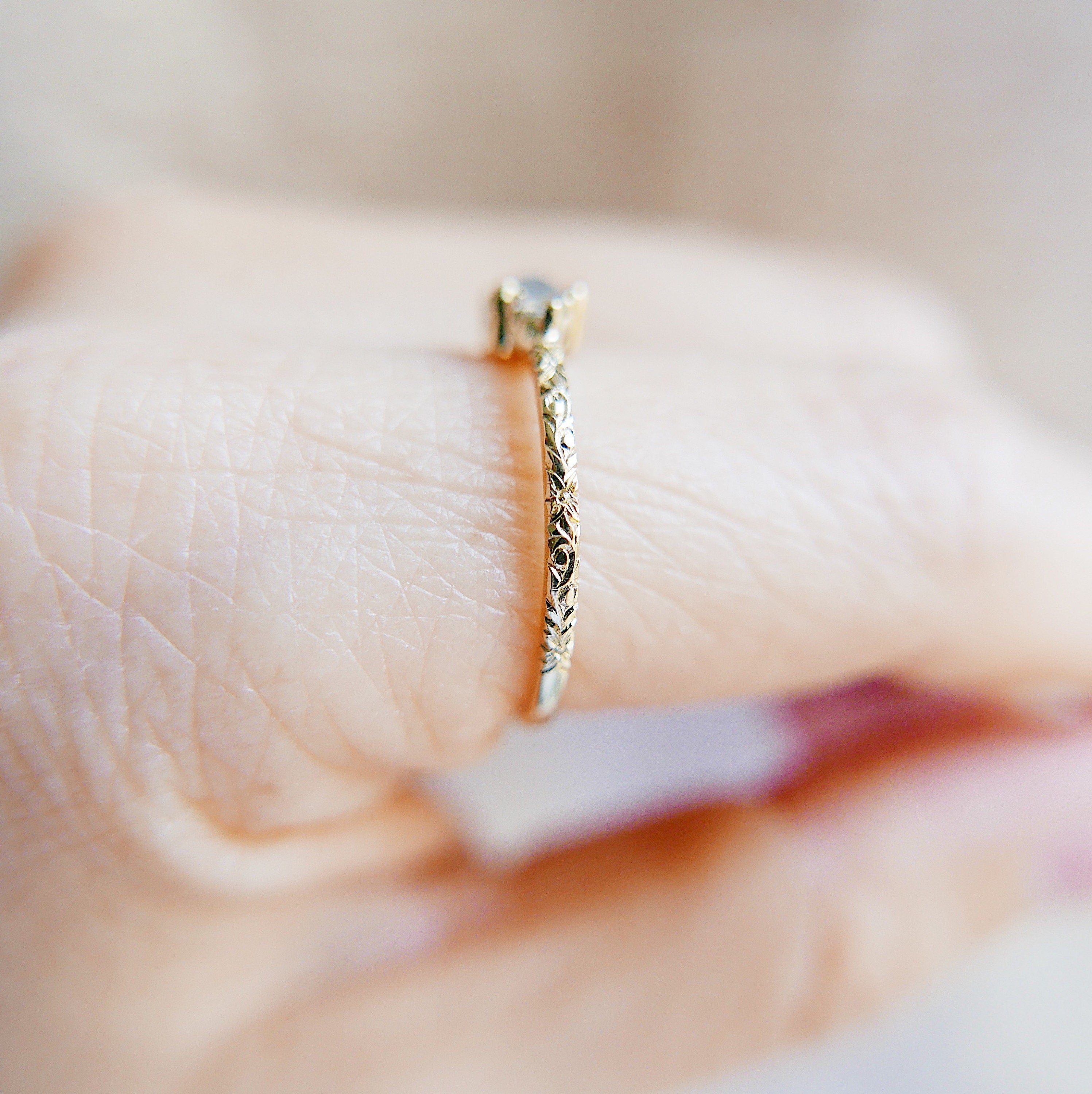 Penny Earl Gray RoseCut Diamond Engraved Ring, OOAK, alternative wedding ring, unique non traditional engagement ring, raw diamond ring