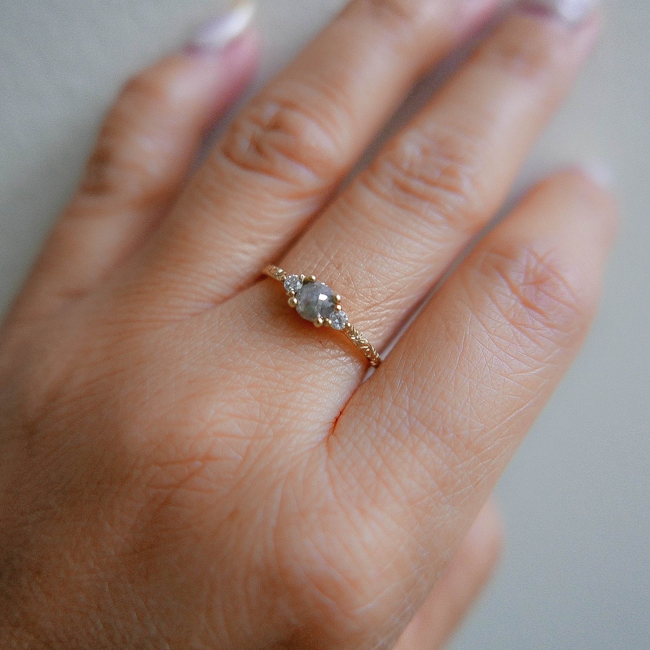 Penny Earl Gray RoseCut Diamond Engraved Ring, OOAK, alternative wedding ring, unique non traditional engagement ring, raw diamond ring