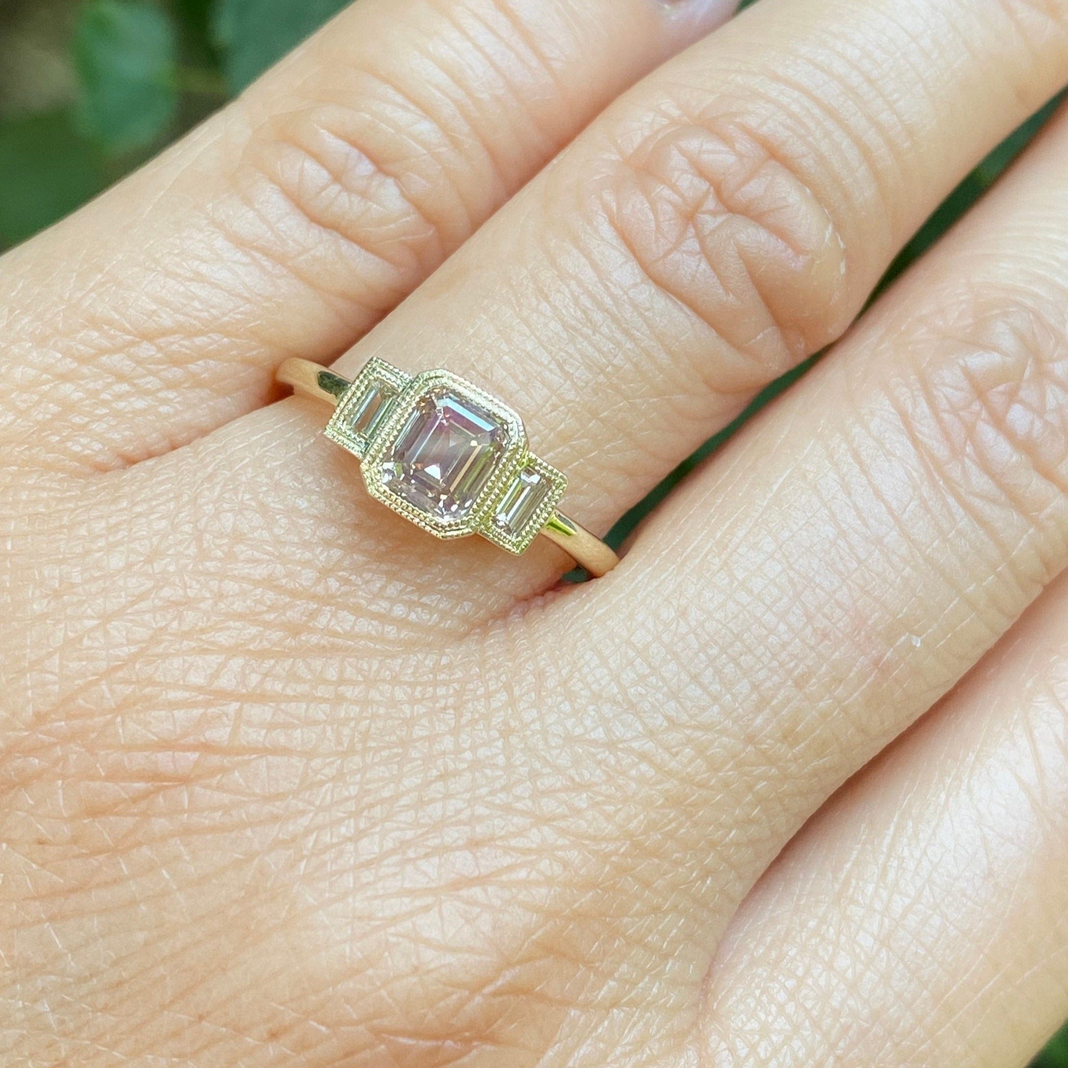 Charlotte Champagne Diamond Three Stone Ring, emerald cut bezel Diamond ring, 3 stone wedding ring, classic engagement ring