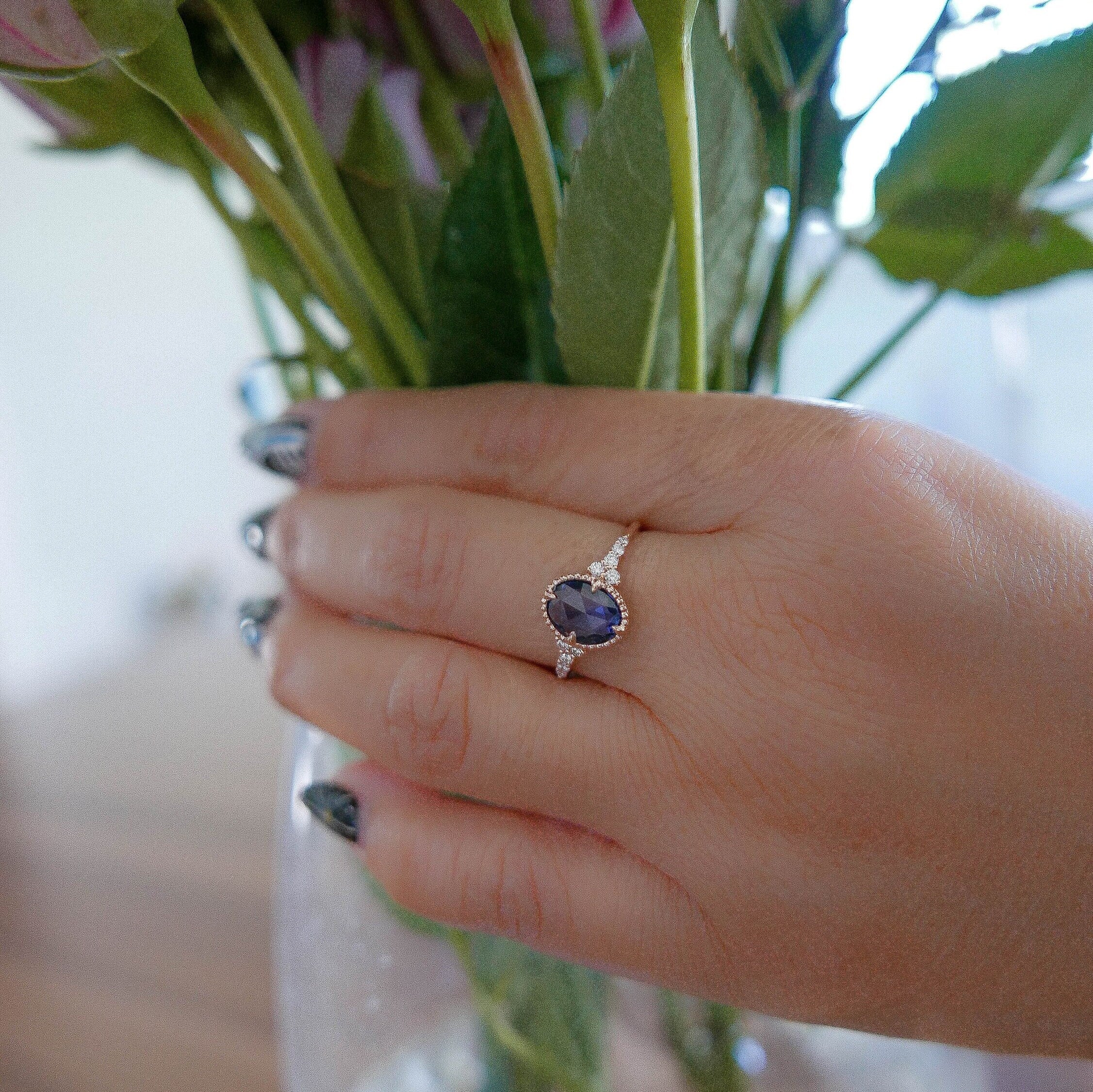 Stephanie Oval Rosecut Blue Sapphire, Blue Sapphire Ring, Blue Sapphire with Brilliant Diamonds, Rosecut Ring, Diamond Ring