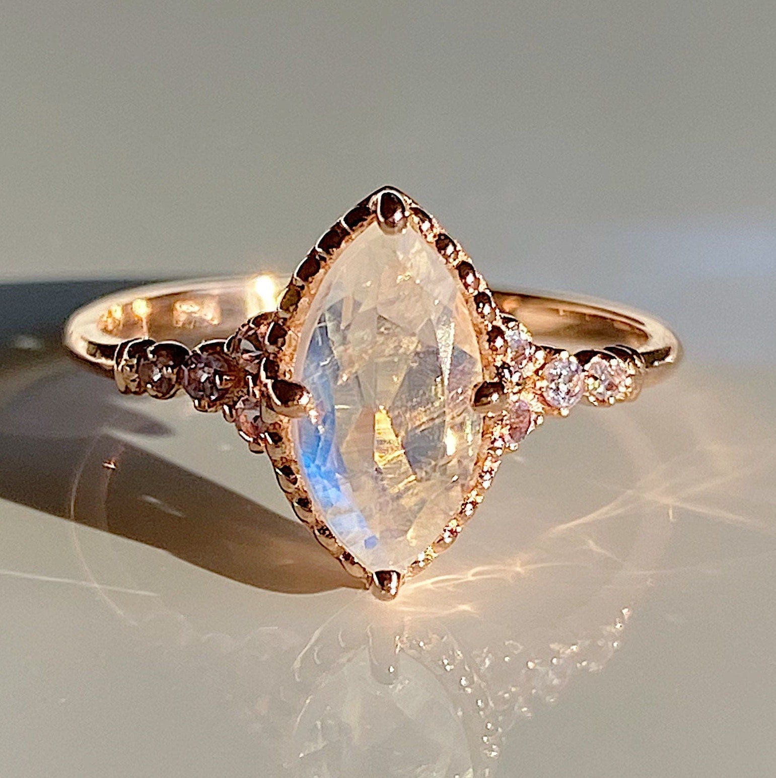 Lovestruck moonstone and tanzanite ring, Marquise Moonstone Ring with tanzanites,