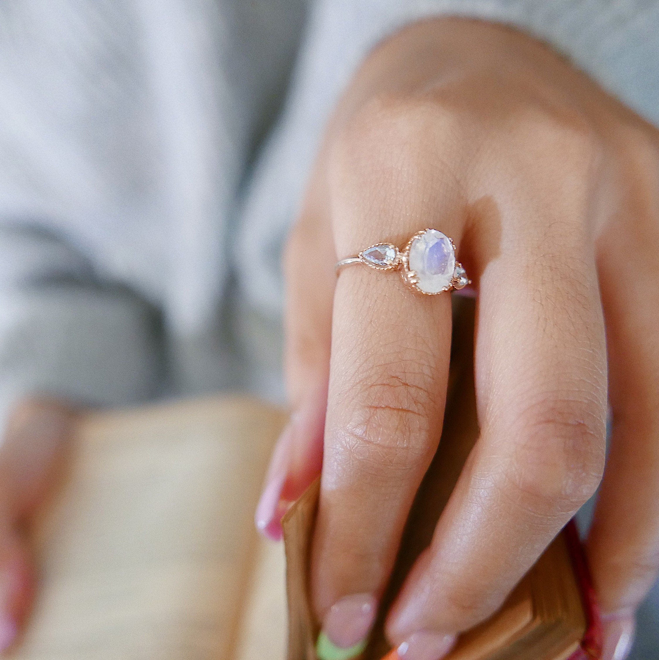 New Dawn Moonstone and Aquamarine ring, Oval Moonstone Ring with Pear aquamarine Side Stones, three stone moonstone ring