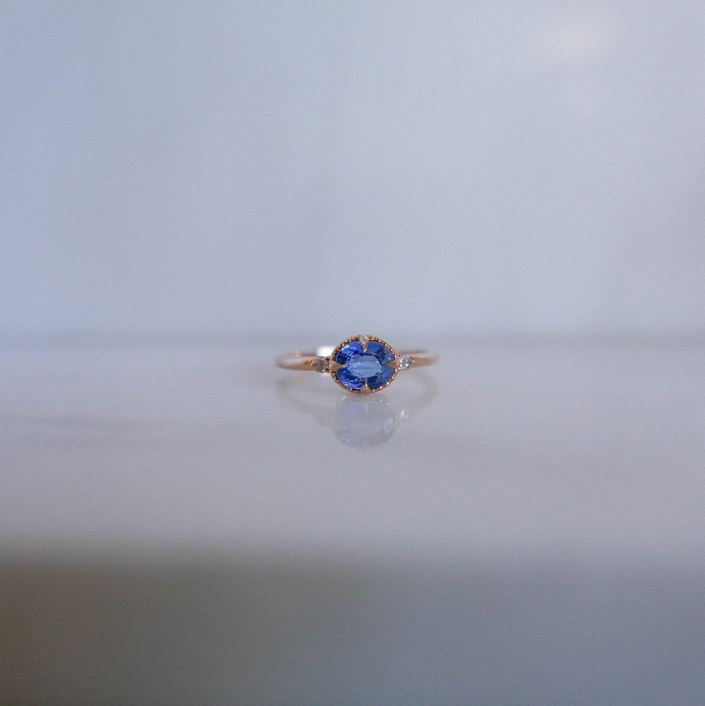 Azul Blue Sapphire Ring, 3 stone alternative wedding ring, unique non traditional engagement, 14k gold blue sapphire and Rosecutdiamond ring