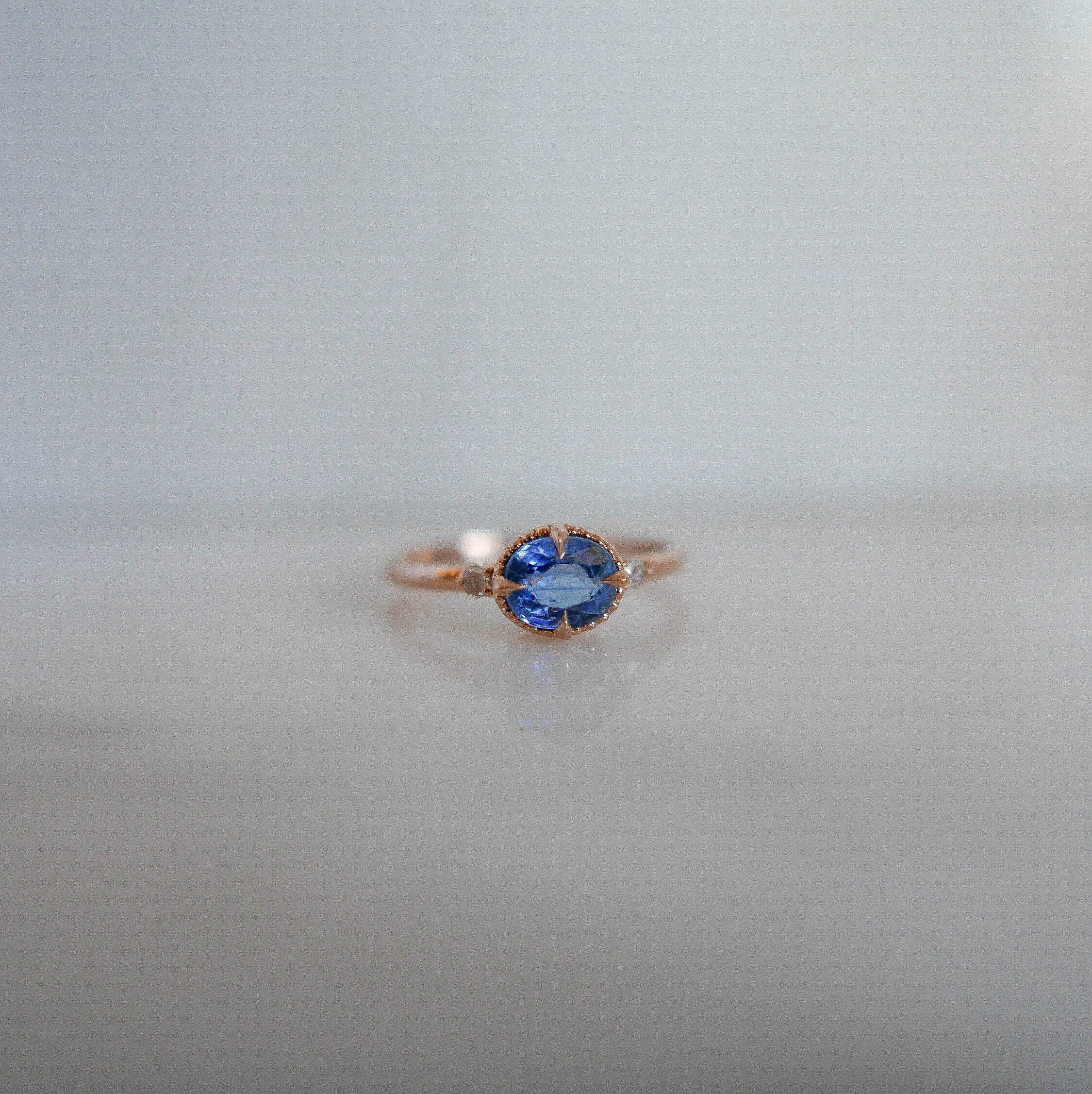 Azul Blue Sapphire Ring, 3 stone alternative wedding ring, unique non traditional engagement, 14k gold blue sapphire and Rosecutdiamond ring