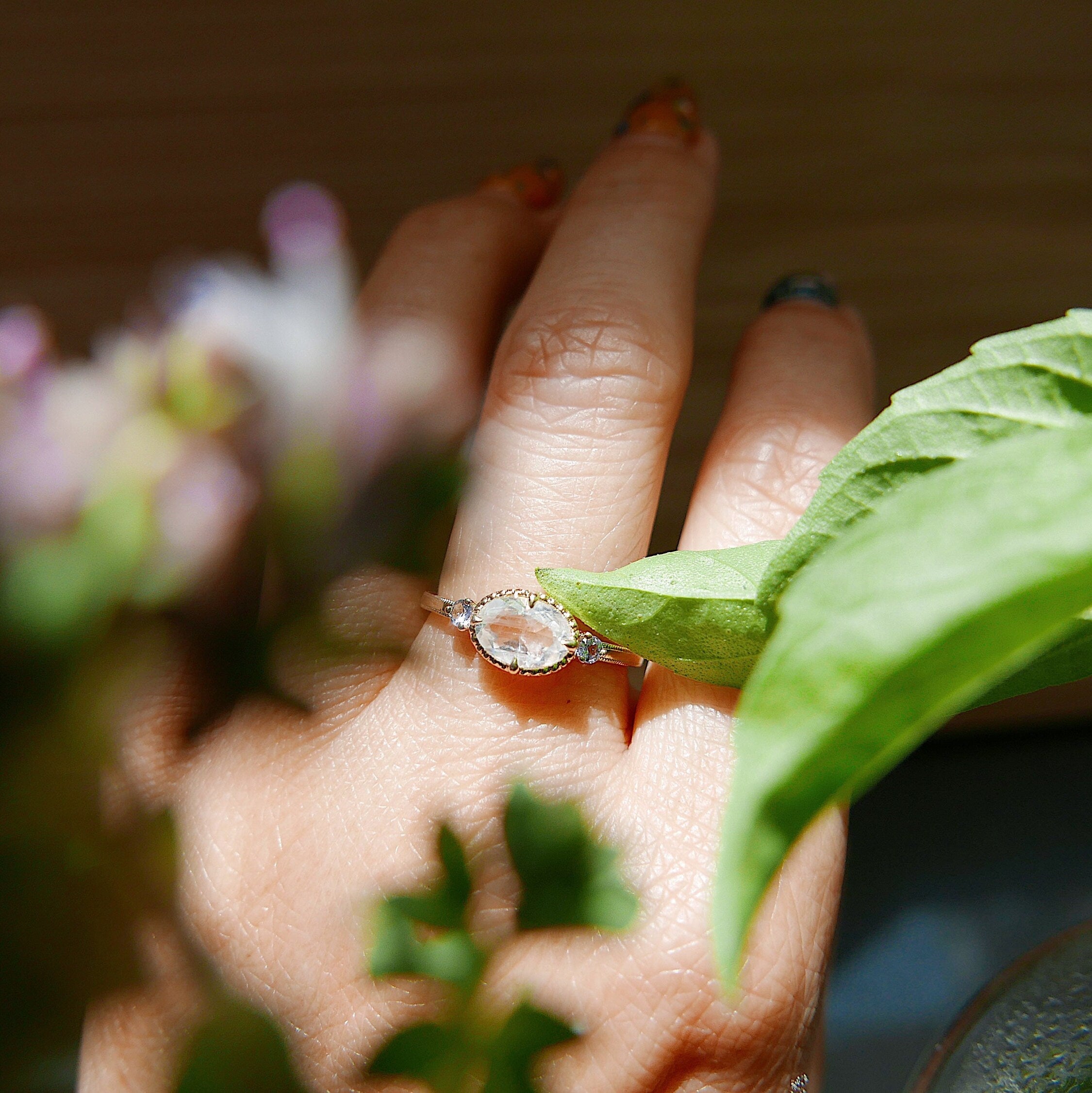 Dorothy Rainbow Moonstone Ring, 3 stone Rainbow Moonstone Ring with Tanzanites, Unique oval Moonstone Ring in Gold