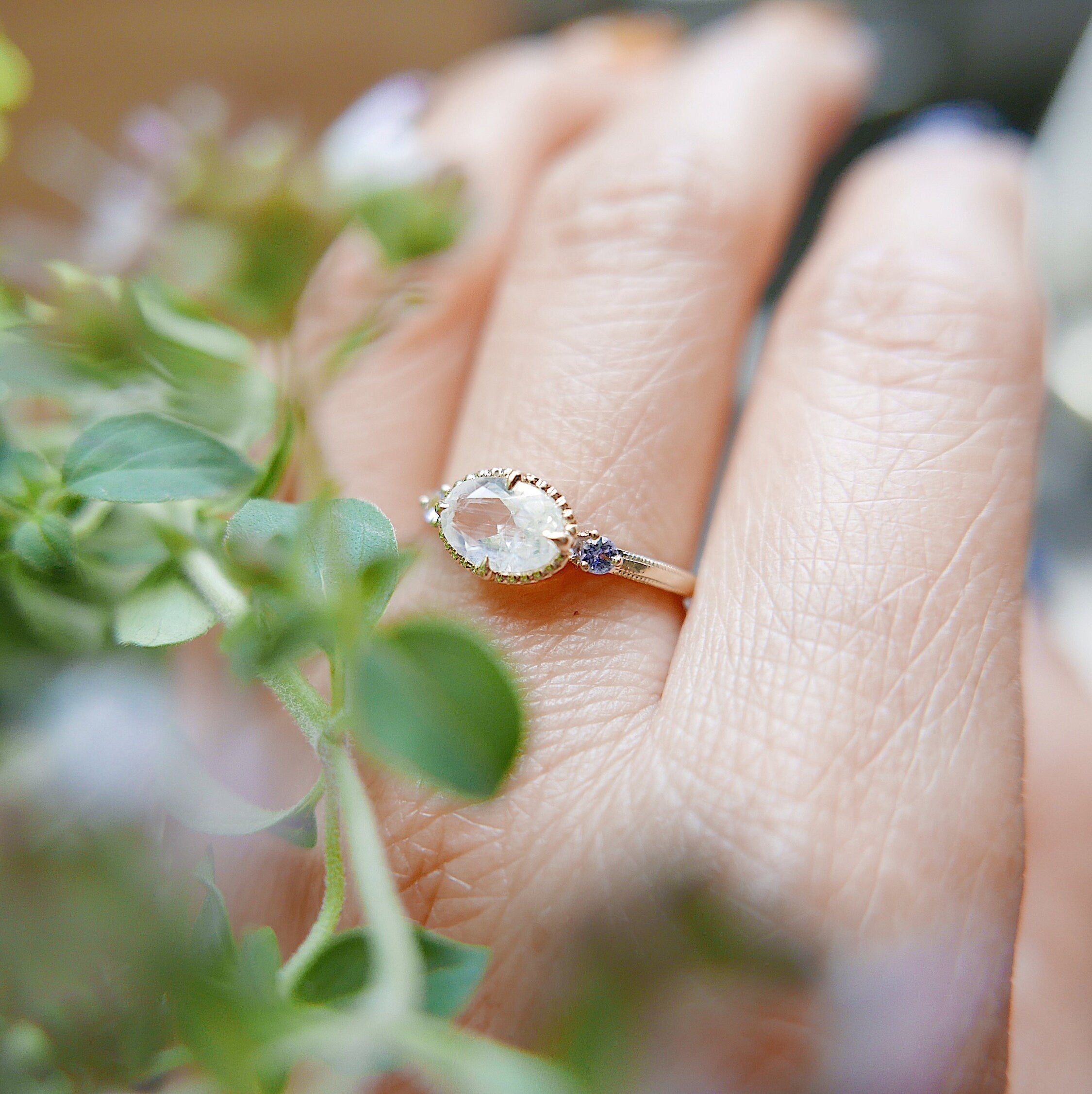 Dorothy Rainbow Moonstone Ring, 3 stone Rainbow Moonstone Ring with Tanzanites, Unique oval Moonstone Ring in Gold