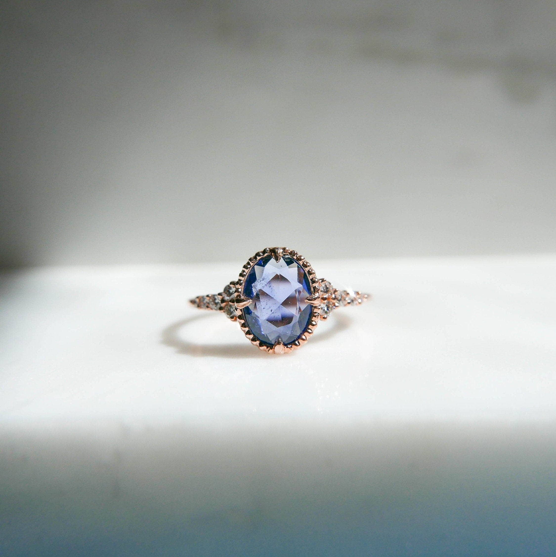 Stephanie Oval Rosecut Blue Sapphire, Blue Sapphire Ring, Blue Sapphire with Brilliant Diamonds, Rosecut Ring, Diamond Ring