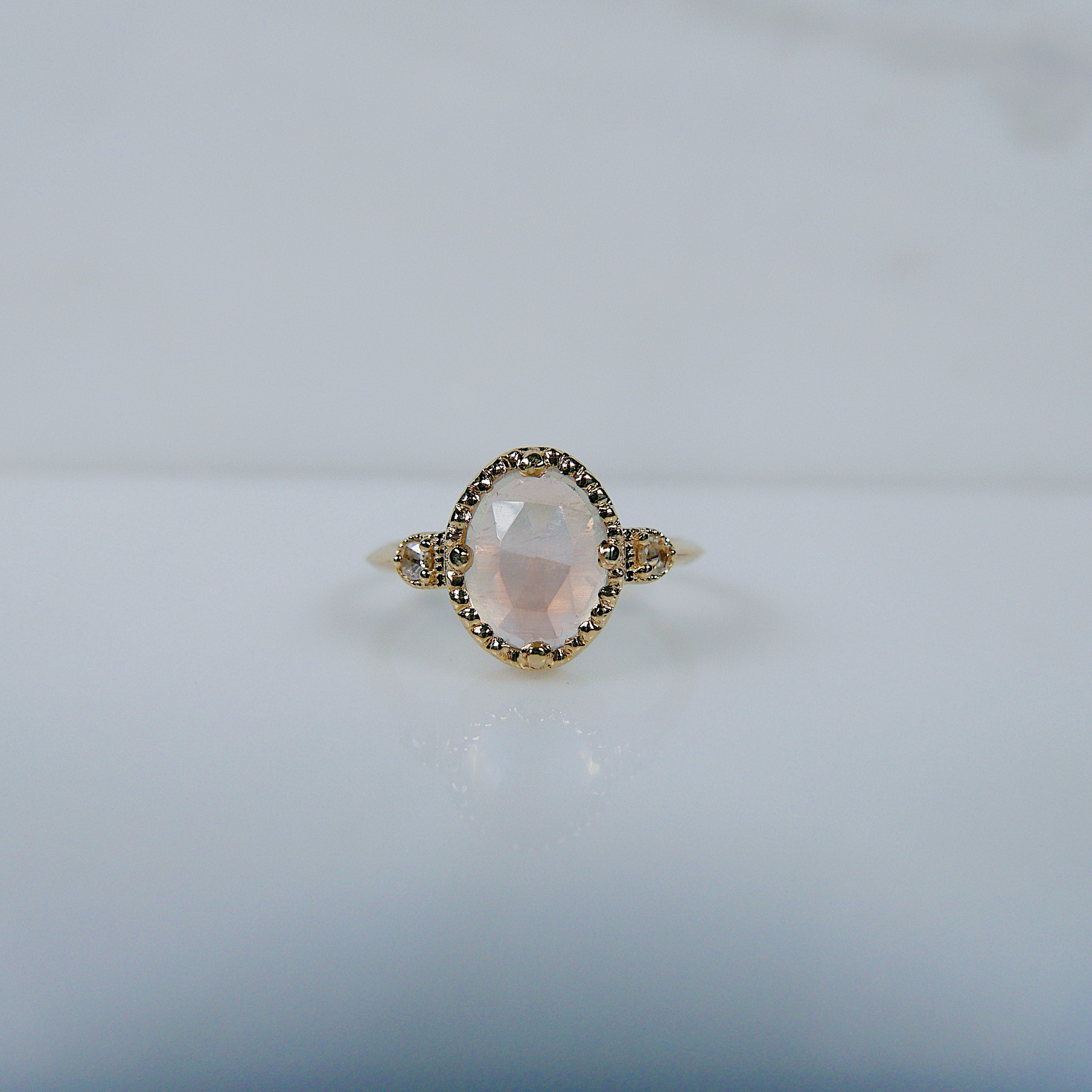 Through the Looking Glass Moonstone Ring,Rosecut Moonstone and Rosecut Diamond engagement Ring, 14k rainbow moonstone ring