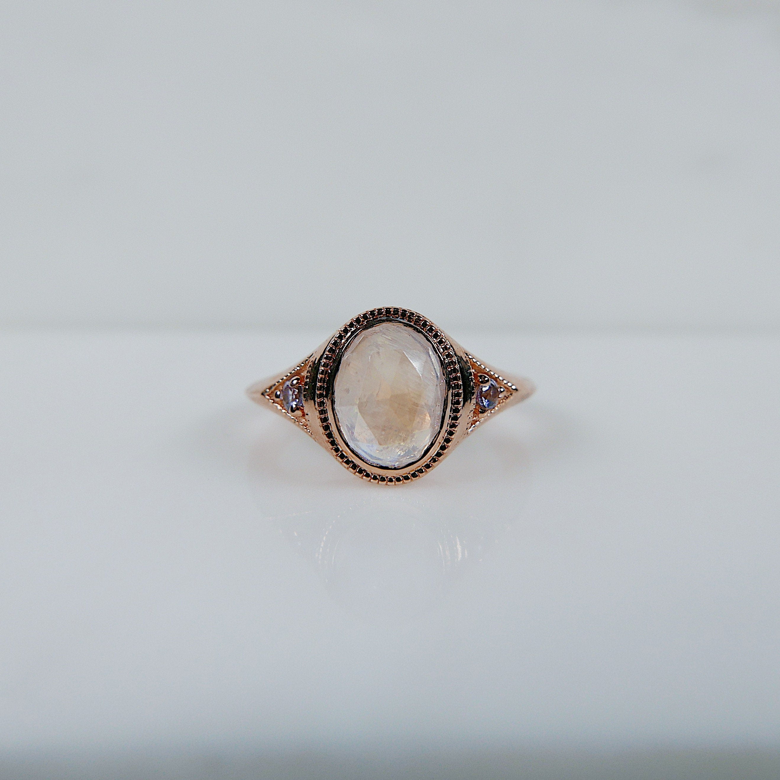 Enchantress Rosecut Moonstone Signet Ring, Rosecut Moonstone ring with Diamonds, Rosecut rainbow Moonstone statement ring with Tanzanites