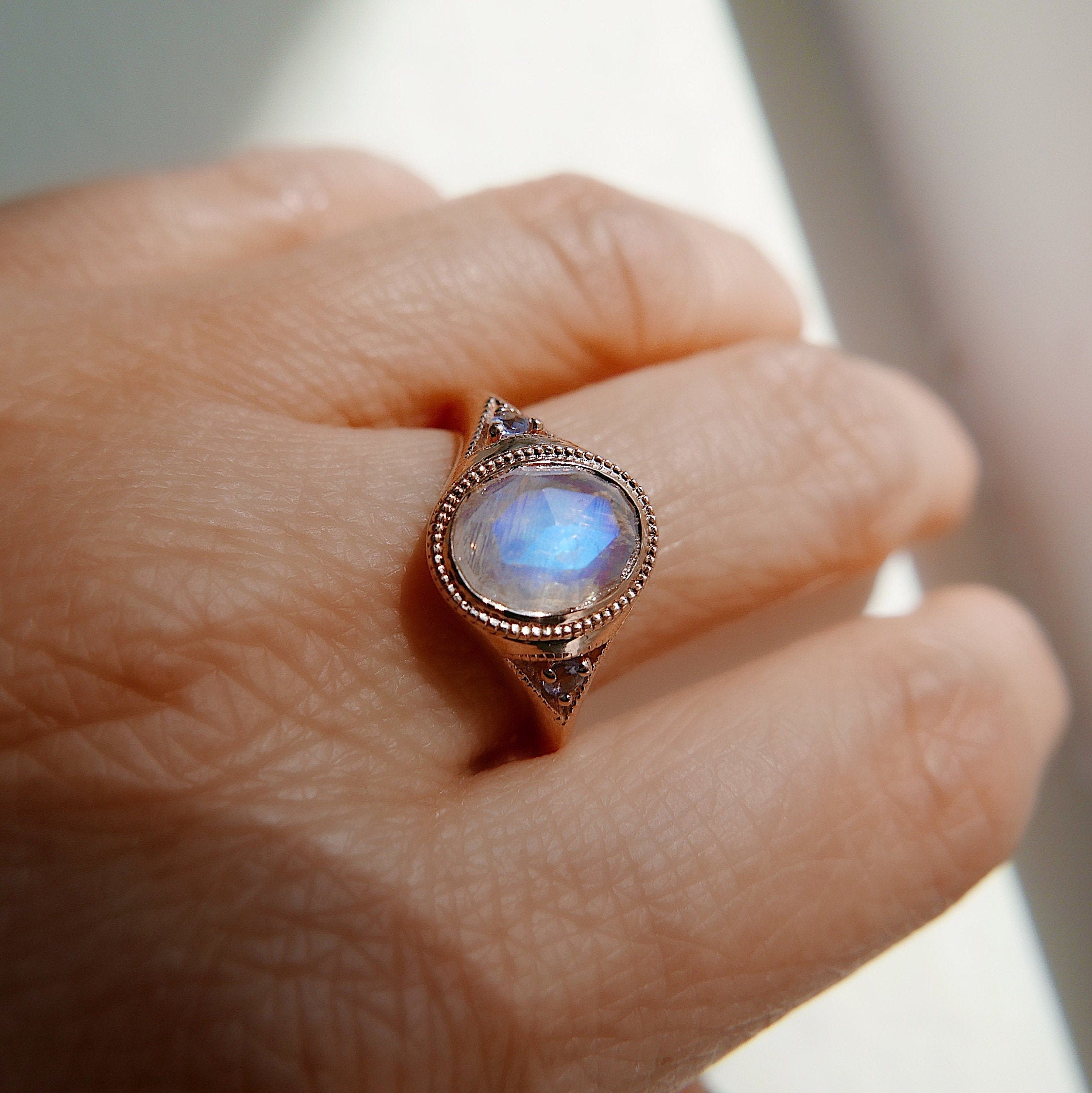 Enchantress Rosecut Moonstone Signet Ring, Rosecut Moonstone ring with Diamonds, Rosecut rainbow Moonstone statement ring with Tanzanites