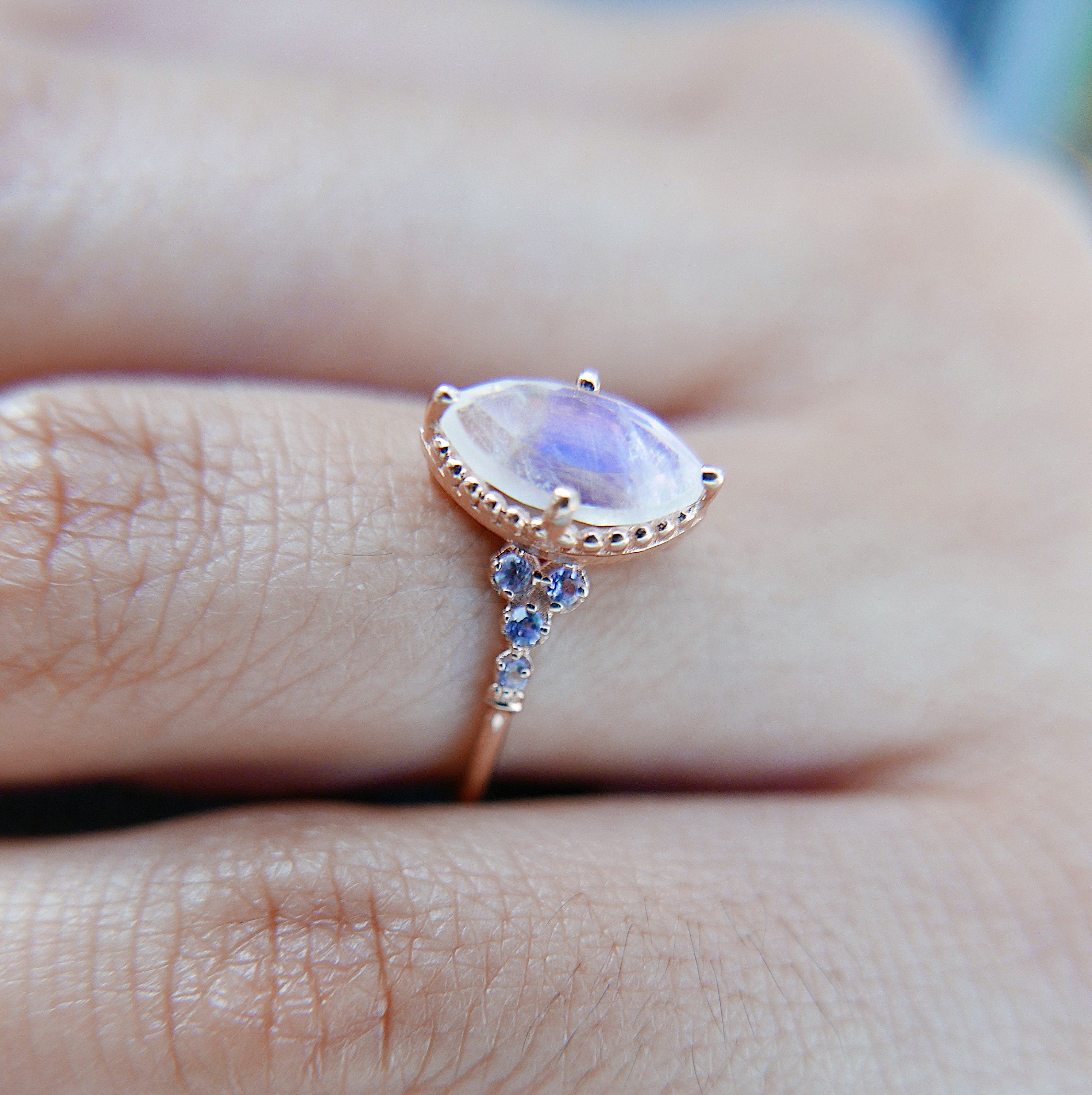 Lovestruck moonstone and tanzanite ring, Marquise Moonstone Ring with tanzanites,