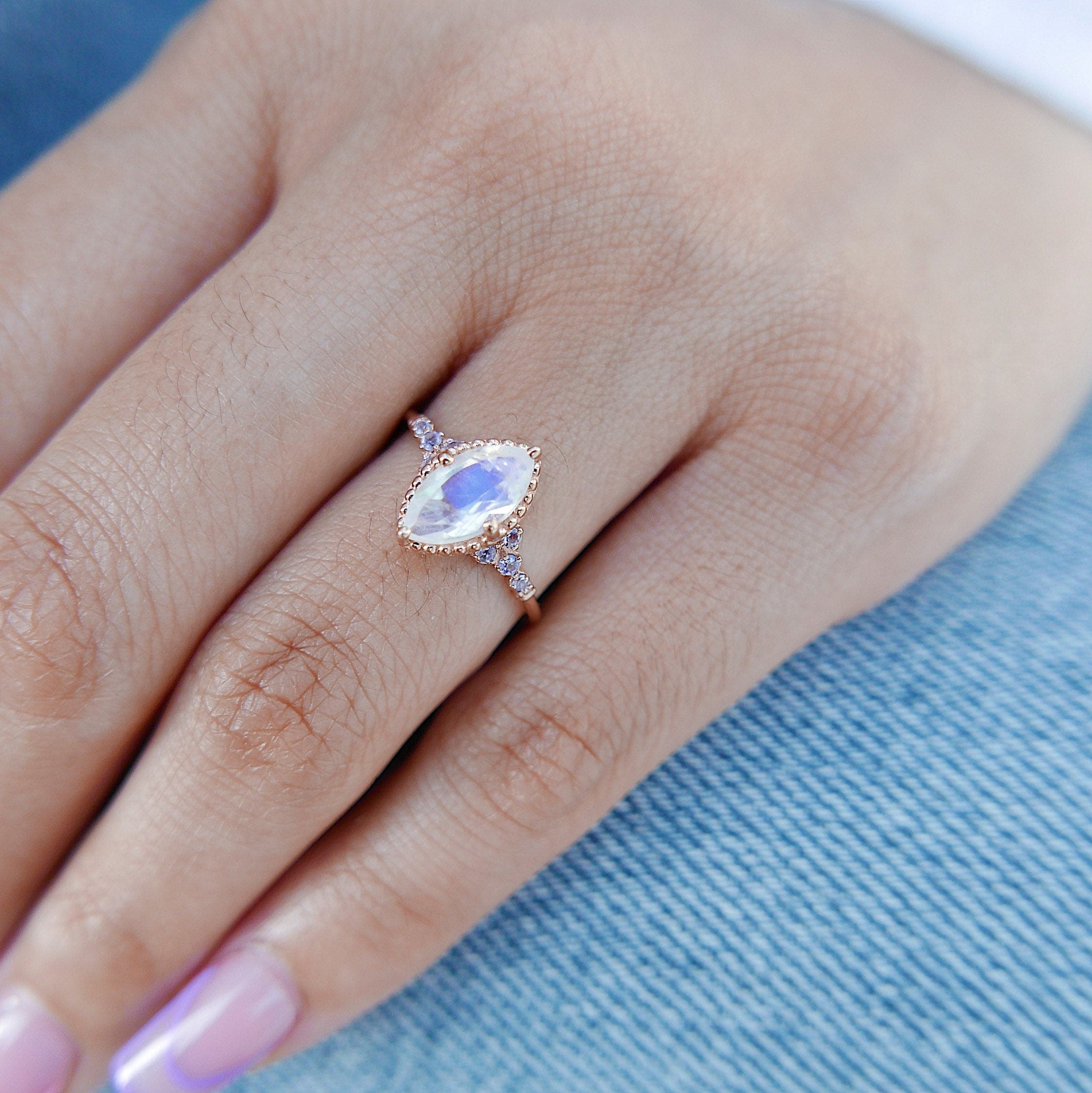 Lovestruck moonstone and tanzanite ring, Marquise Moonstone Ring with tanzanites,