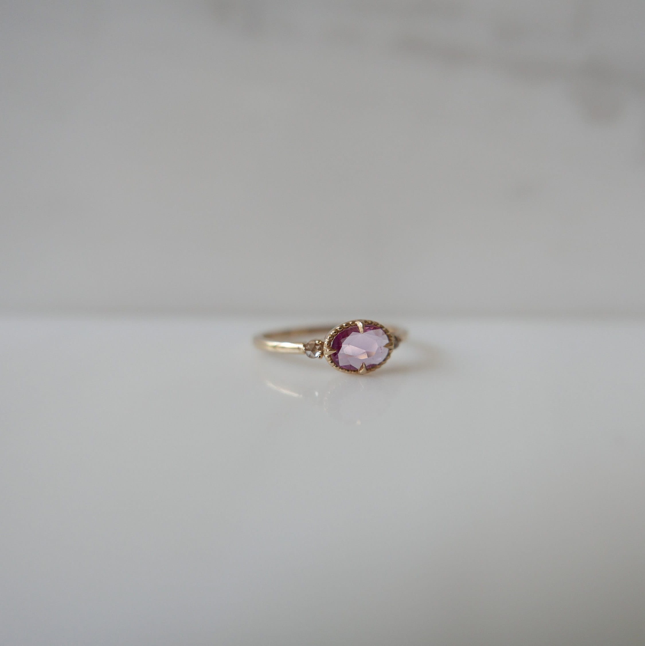 Dorothy One of A Kind Peony Pink Ring, Pink rosecut Sapphire Ring, Oval Sapphire and diamond Ring, Three stone Pink Ring