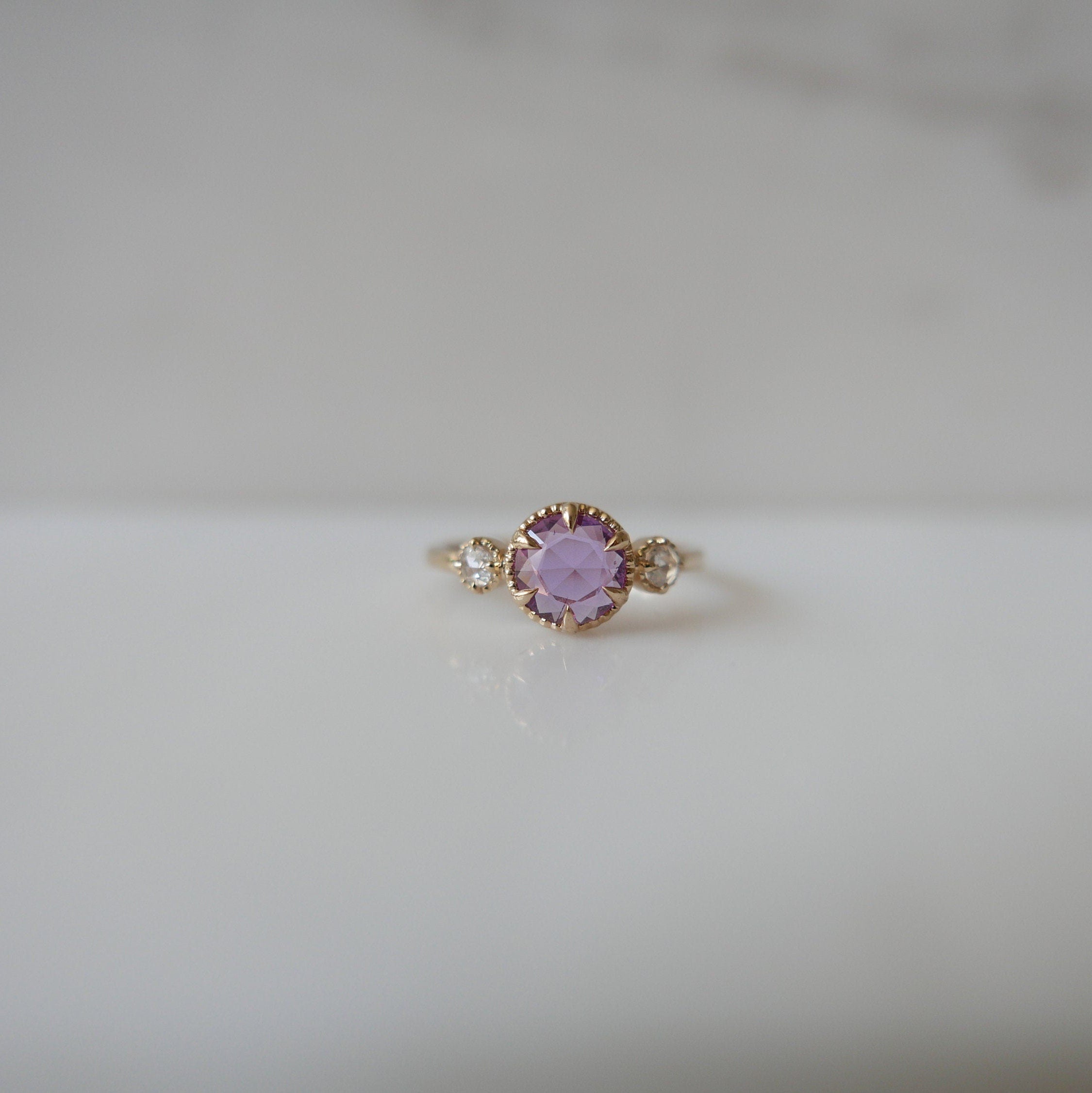 Celeste Violeta Ring OOAK, Dark Pink Rose Cut Sapphire Ring, 3 stone Sapphire and diamond Ring, One of A Kind rosecut sapphire ring