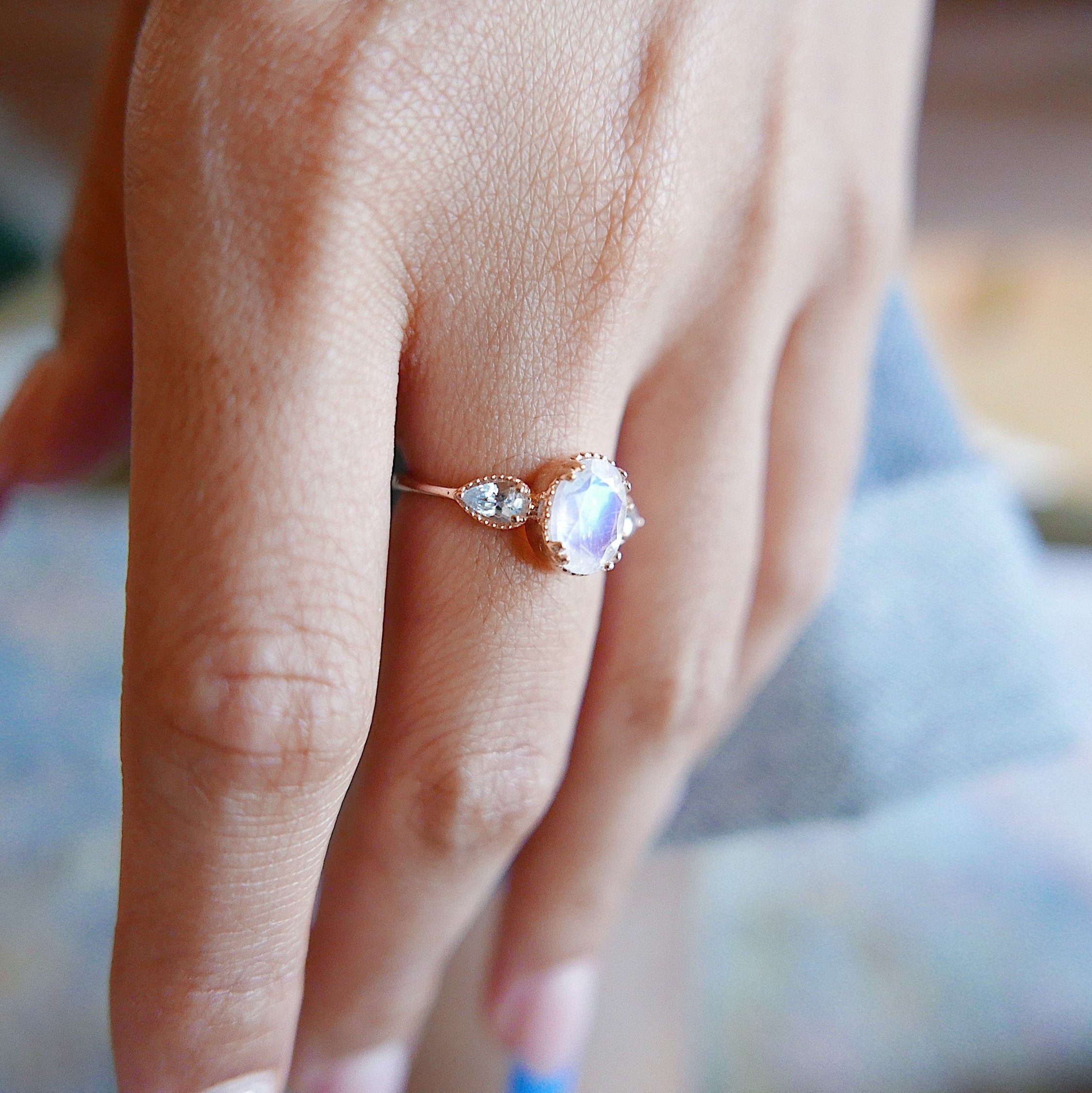 New Dawn Moonstone and Aquamarine ring, Oval Moonstone Ring with Pear aquamarine Side Stones, three stone moonstone ring