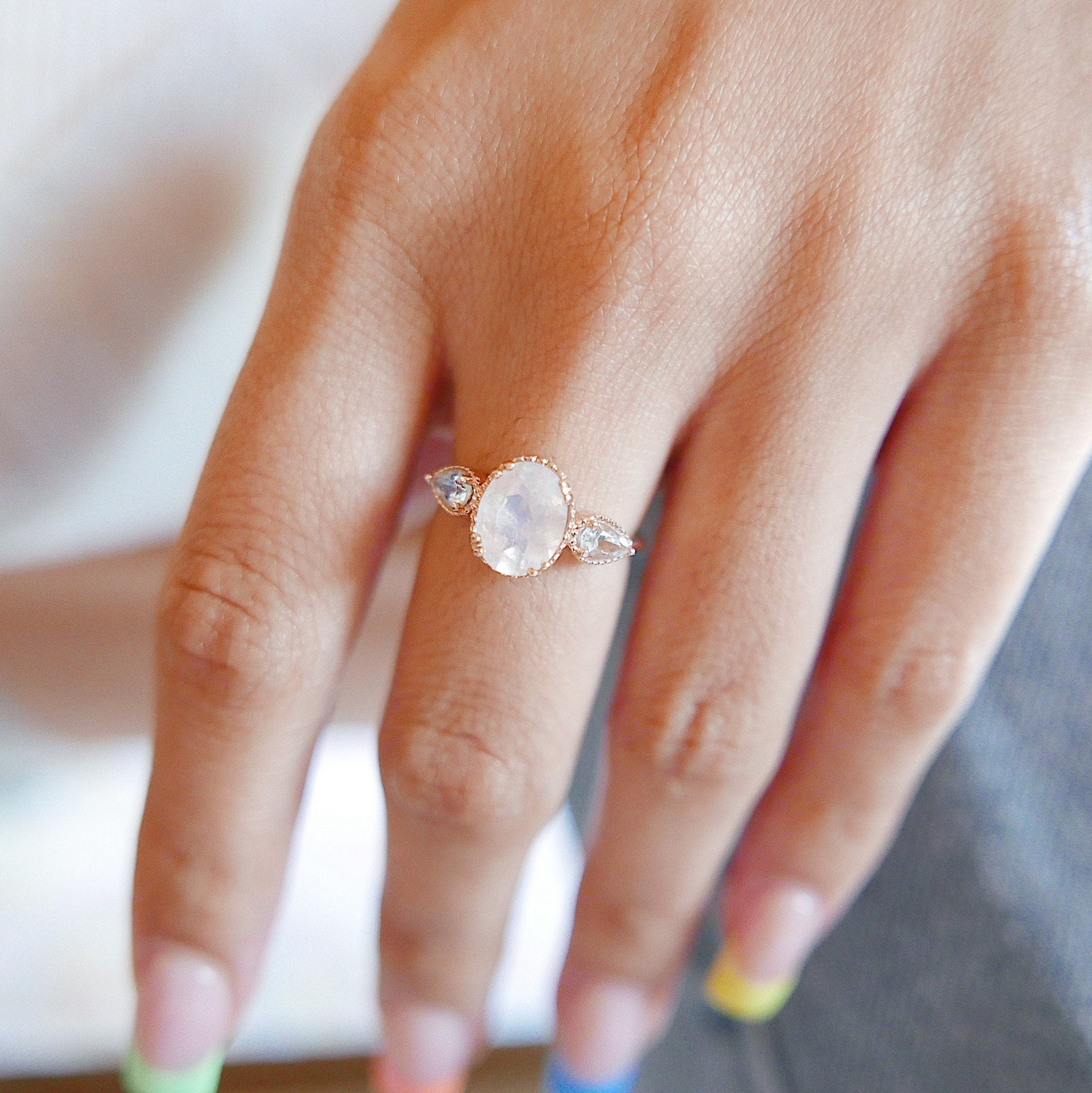 New Dawn Moonstone and Aquamarine ring, Oval Moonstone Ring with Pear aquamarine Side Stones, three stone moonstone ring