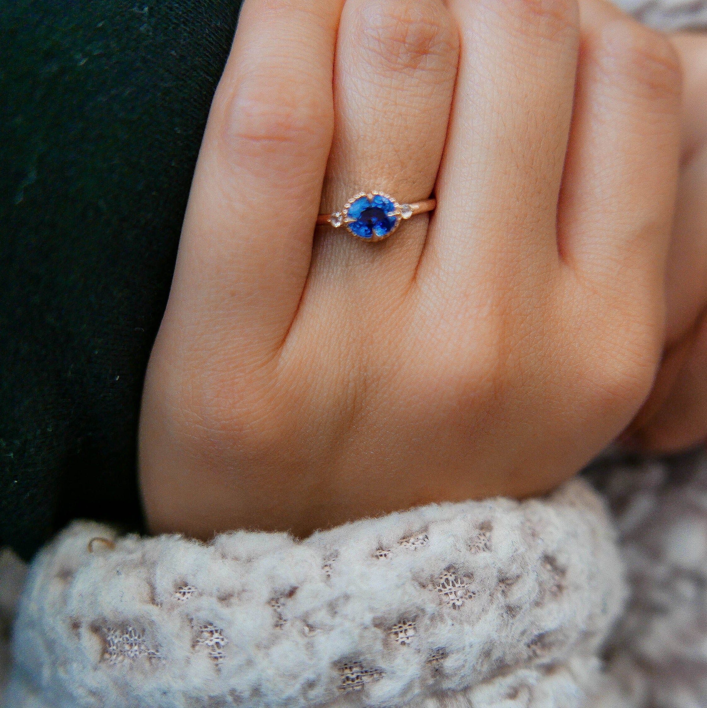 Azul Blue Sapphire Ring, 3 stone alternative wedding ring, unique non traditional engagement, 14k gold blue sapphire and Rosecutdiamond ring