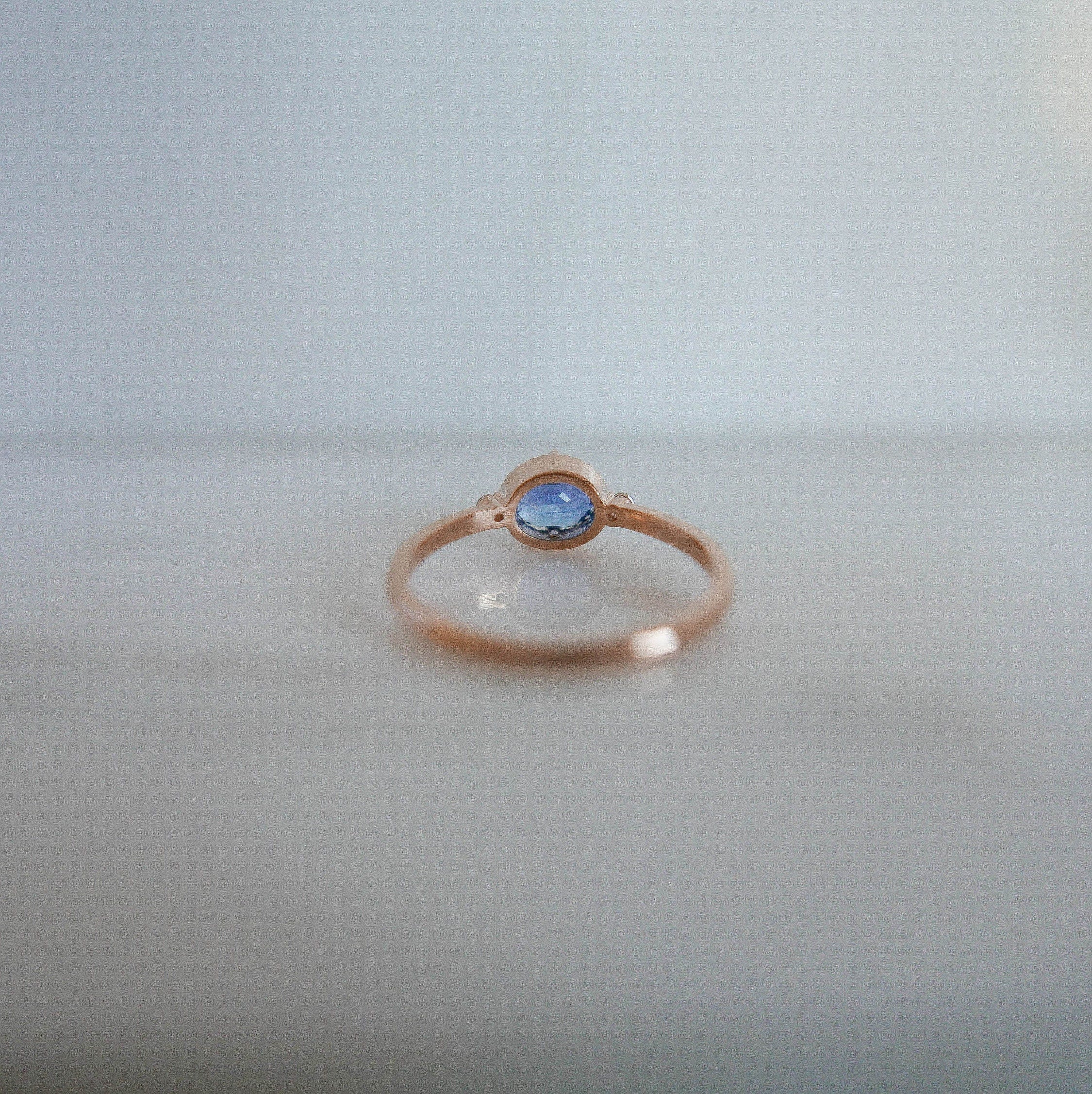 Azul Blue Sapphire Ring, 3 stone alternative wedding ring, unique non traditional engagement, 14k gold blue sapphire and Rosecutdiamond ring