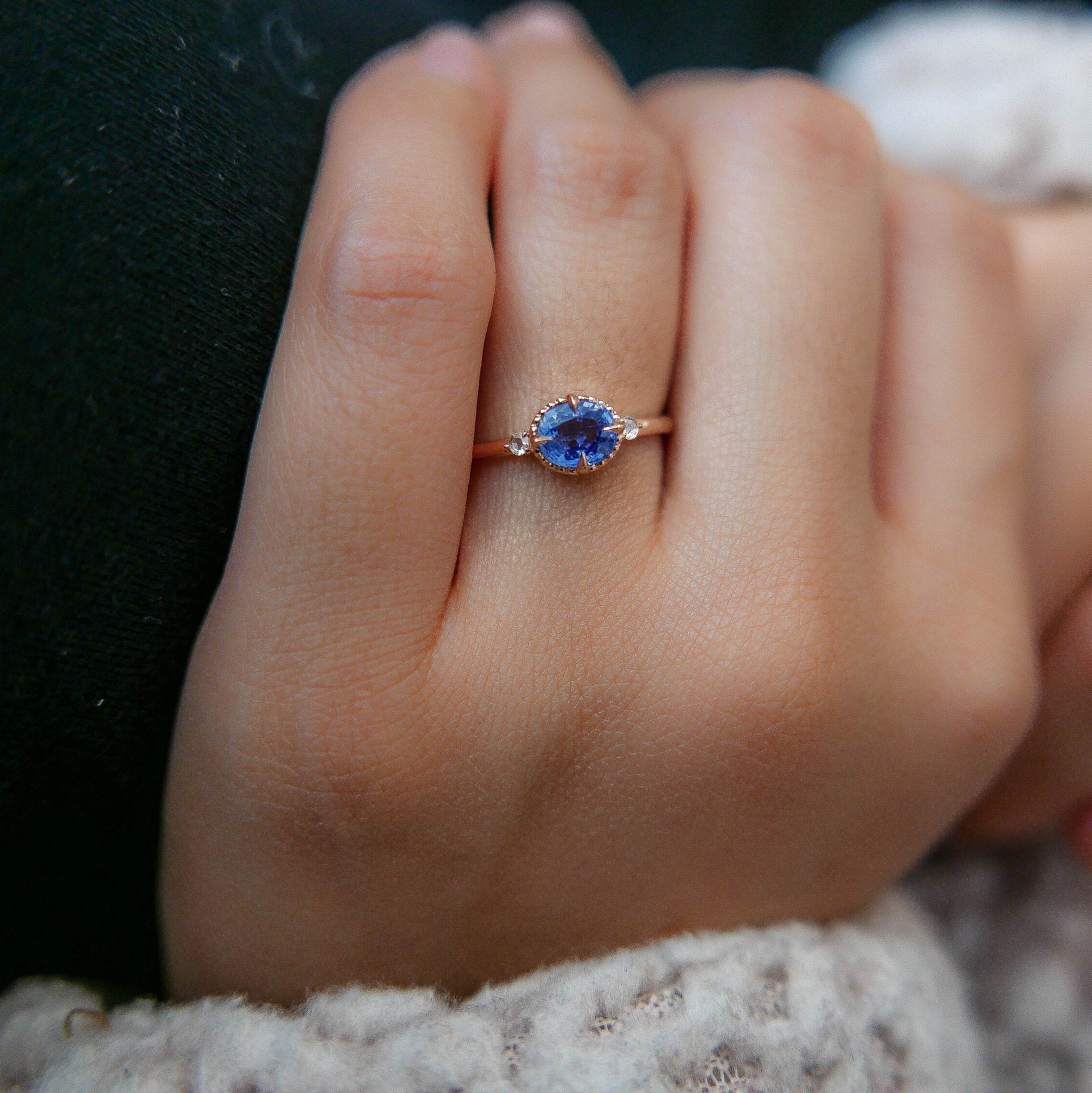 Azul Blue Sapphire Ring, 3 stone alternative wedding ring, unique non traditional engagement, 14k gold blue sapphire and Rosecutdiamond ring