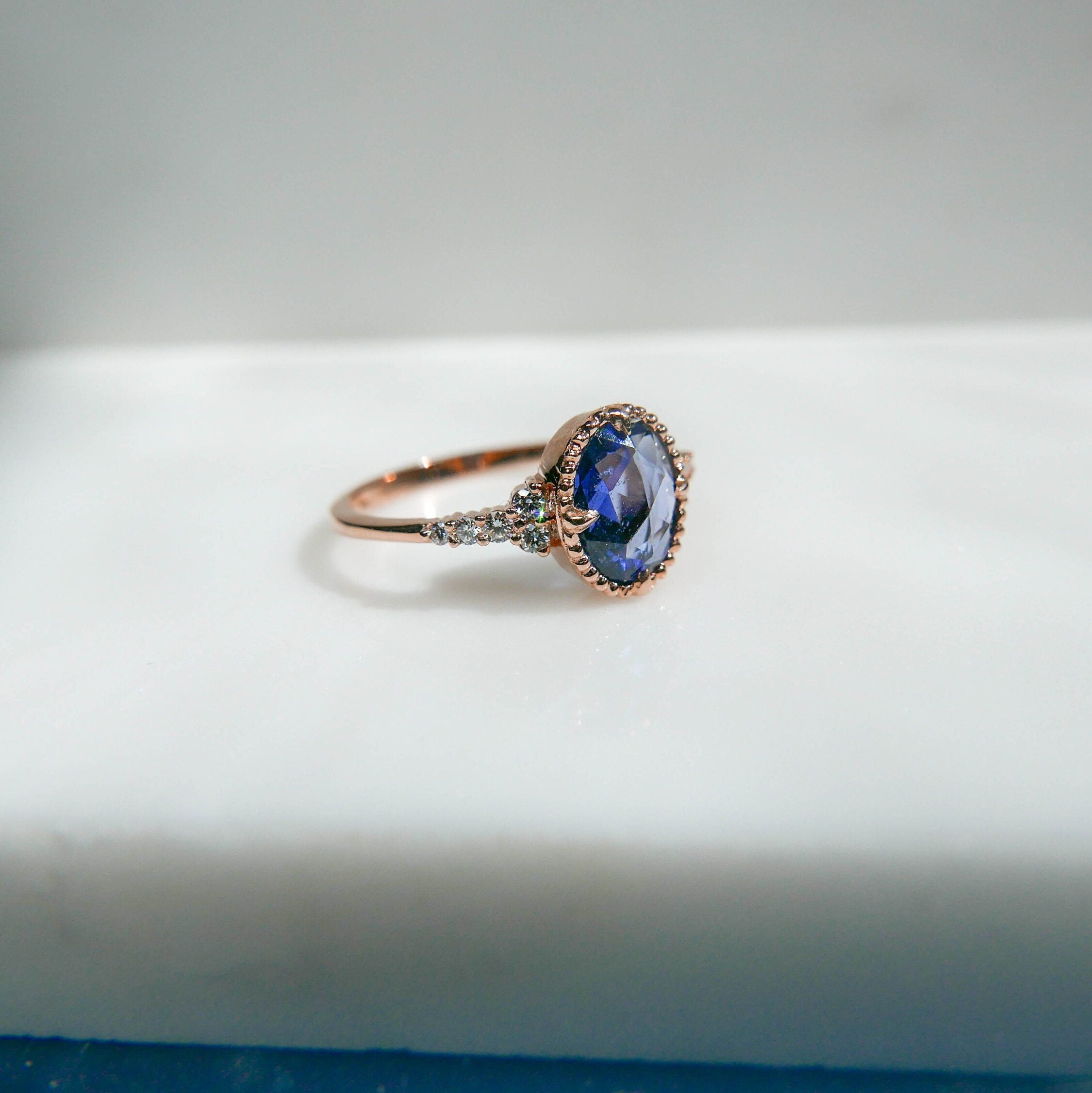 Stephanie Oval Rosecut Blue Sapphire, Blue Sapphire Ring, Blue Sapphire with Brilliant Diamonds, Rosecut Ring, Diamond Ring