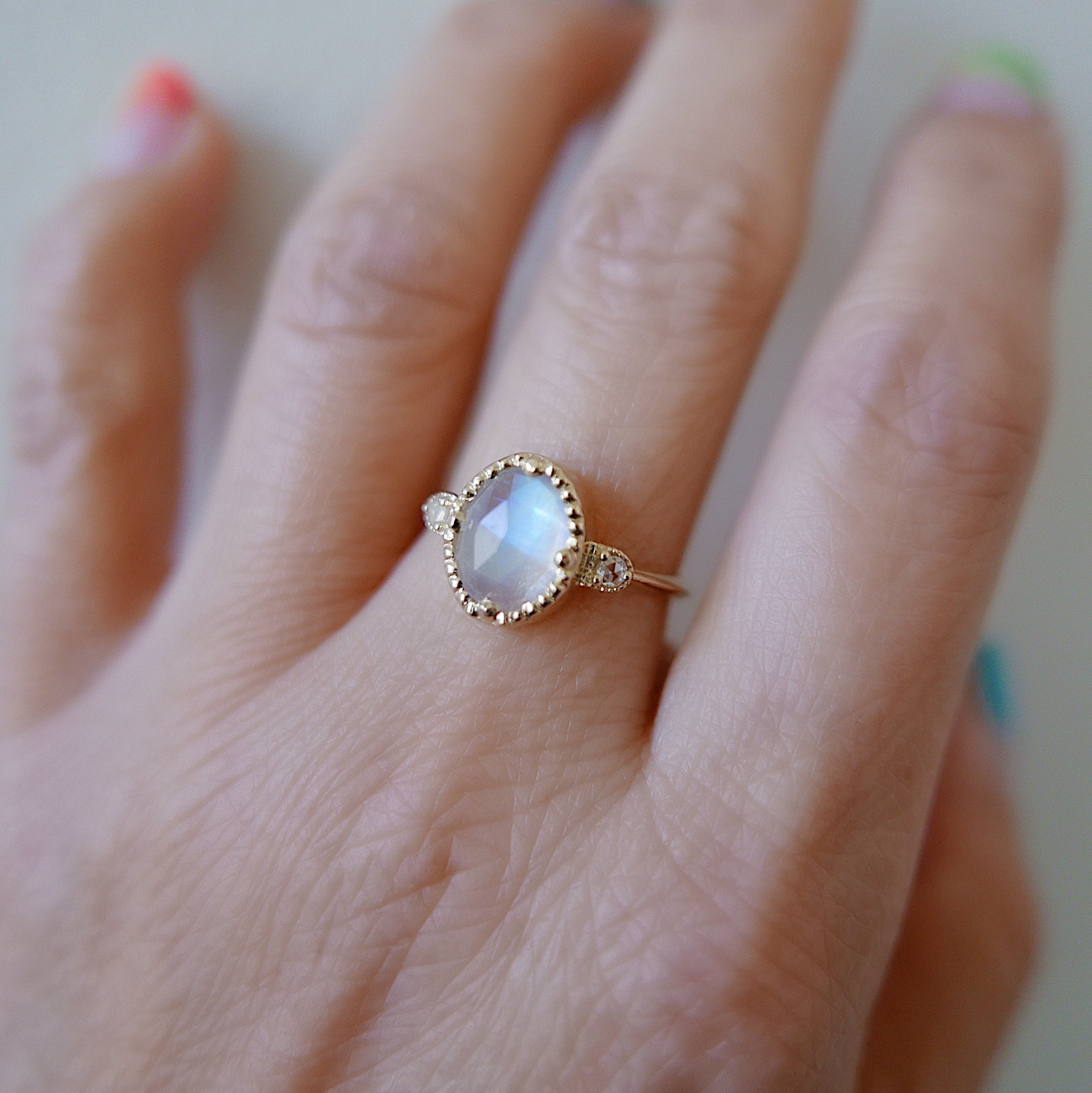 Through the Looking Glass Moonstone Ring,Rosecut Moonstone and Rosecut Diamond engagement Ring, 14k rainbow moonstone ring