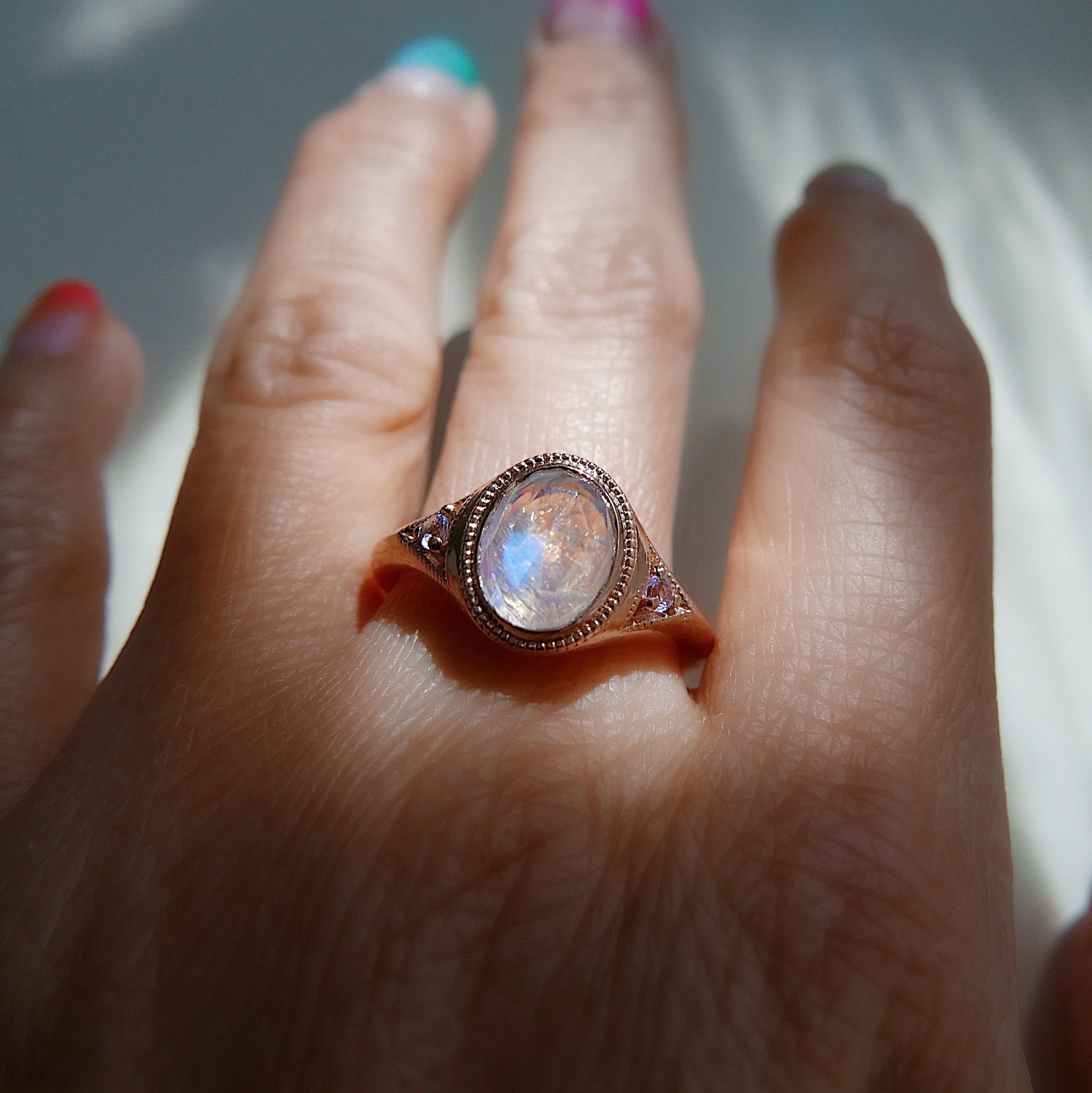 Enchantress Rosecut Moonstone Signet Ring, Rosecut Moonstone ring with Diamonds, Rosecut rainbow Moonstone statement ring with Tanzanites