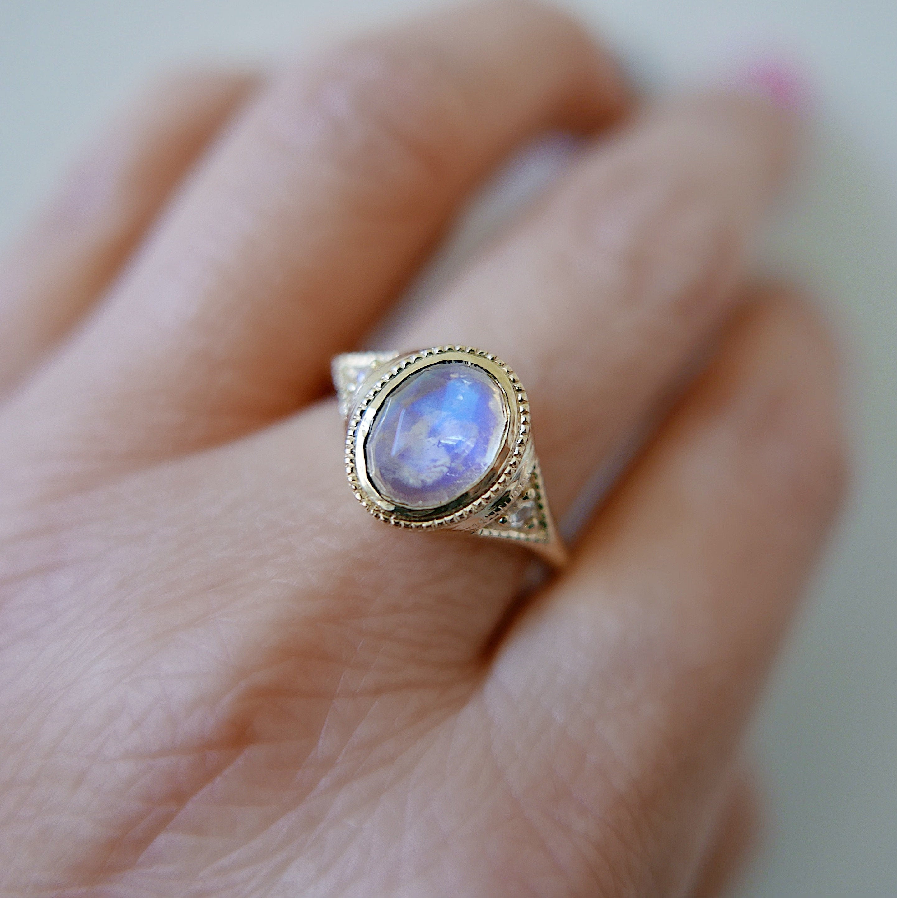 Enchantress Rosecut Moonstone Signet Ring, Rosecut Moonstone ring with Diamonds, Rosecut rainbow Moonstone statement ring with Tanzanites