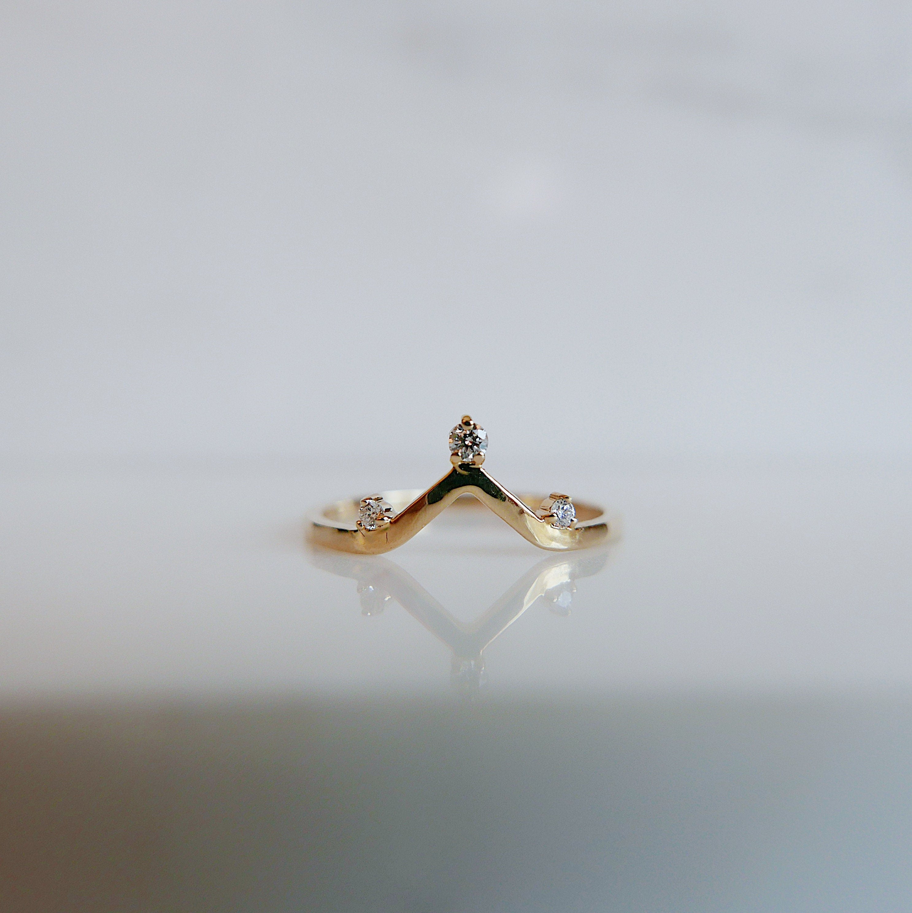 Coronet Diamond Arc Ring, 14k gold nesting ring, delicate diamond v shape ring, stacking ring, wedding band, crown ring, diamond band