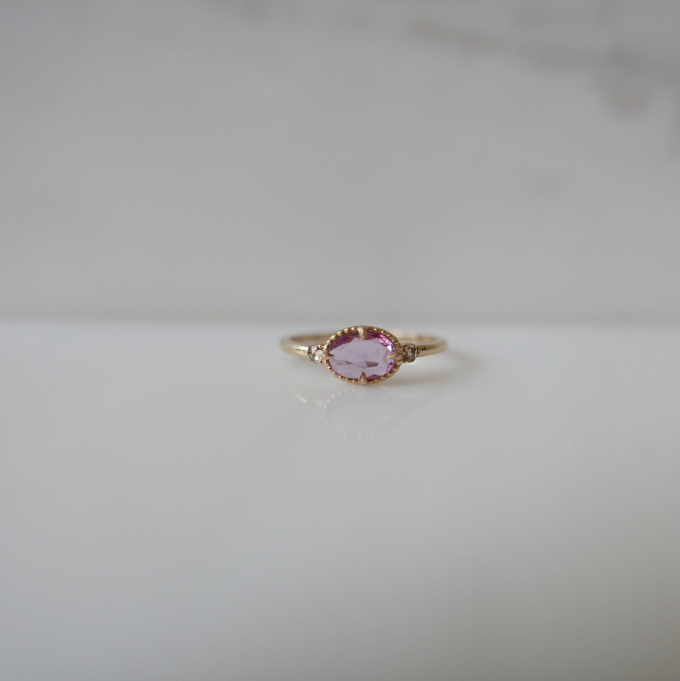 Dorothy One of A Kind Peony Pink Ring, Pink rosecut Sapphire Ring, Oval Sapphire and diamond Ring, Three stone Pink Ring