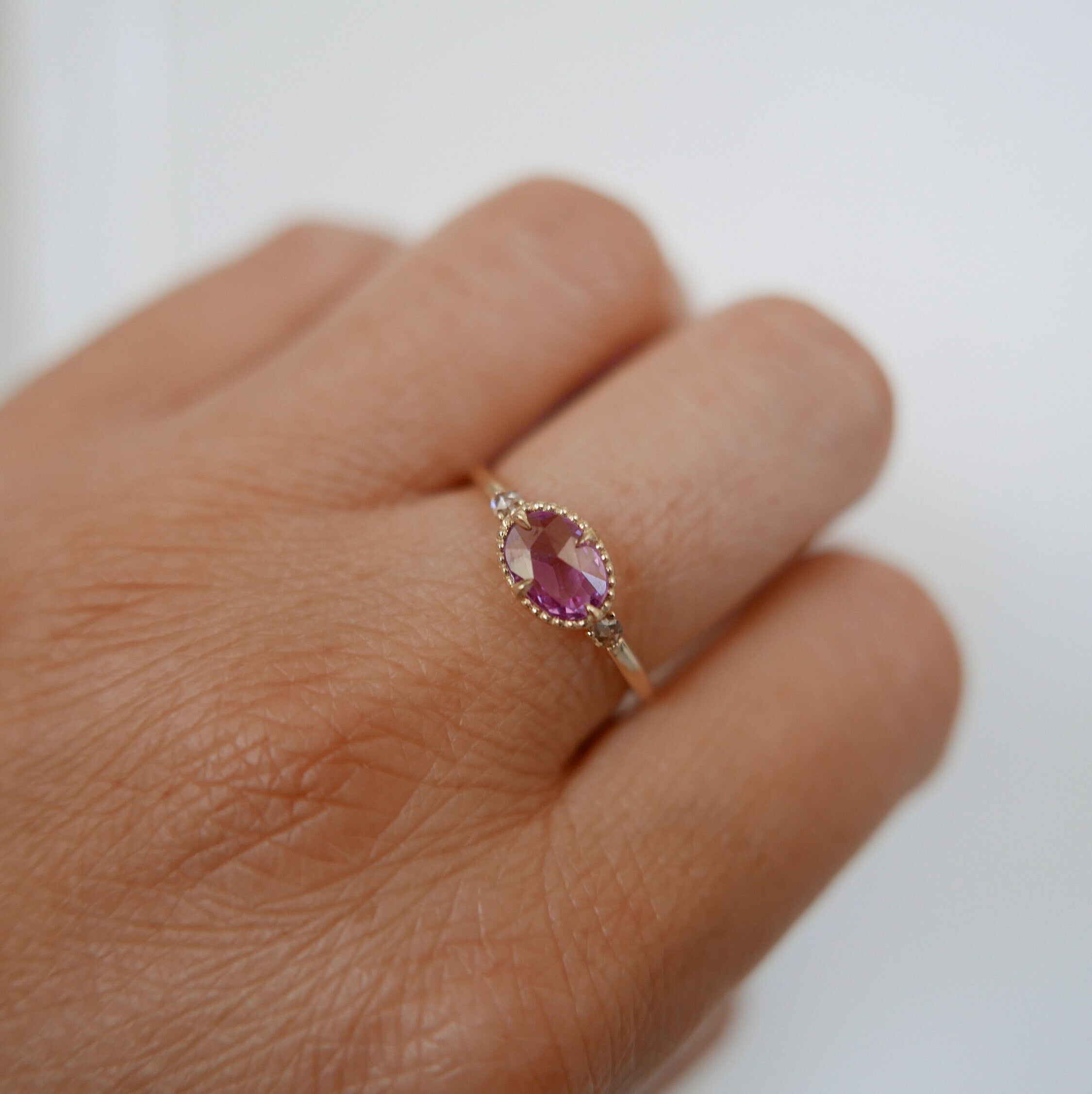 Dorothy One of A Kind Peony Pink Ring, Pink rosecut Sapphire Ring, Oval Sapphire and diamond Ring, Three stone Pink Ring