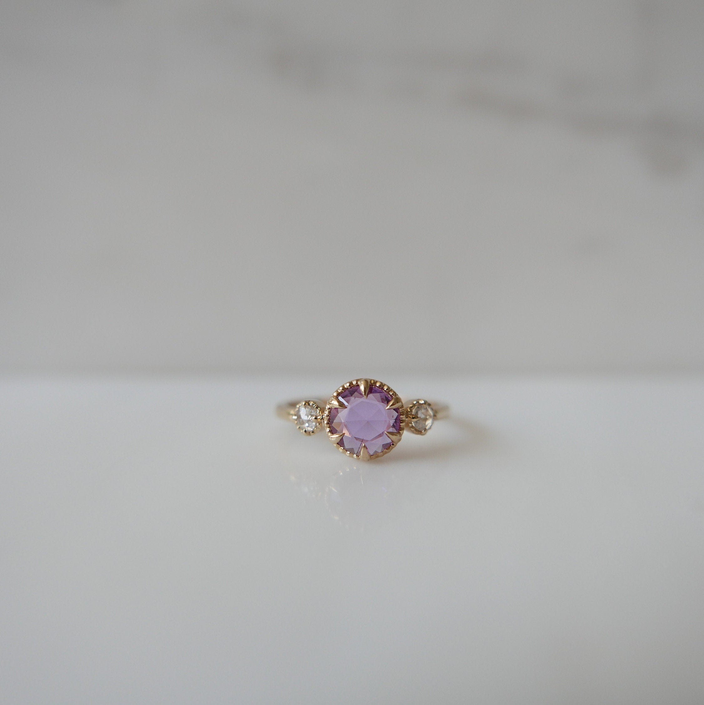 Celeste Violeta Ring OOAK, Dark Pink Rose Cut Sapphire Ring, 3 stone Sapphire and diamond Ring, One of A Kind rosecut sapphire ring