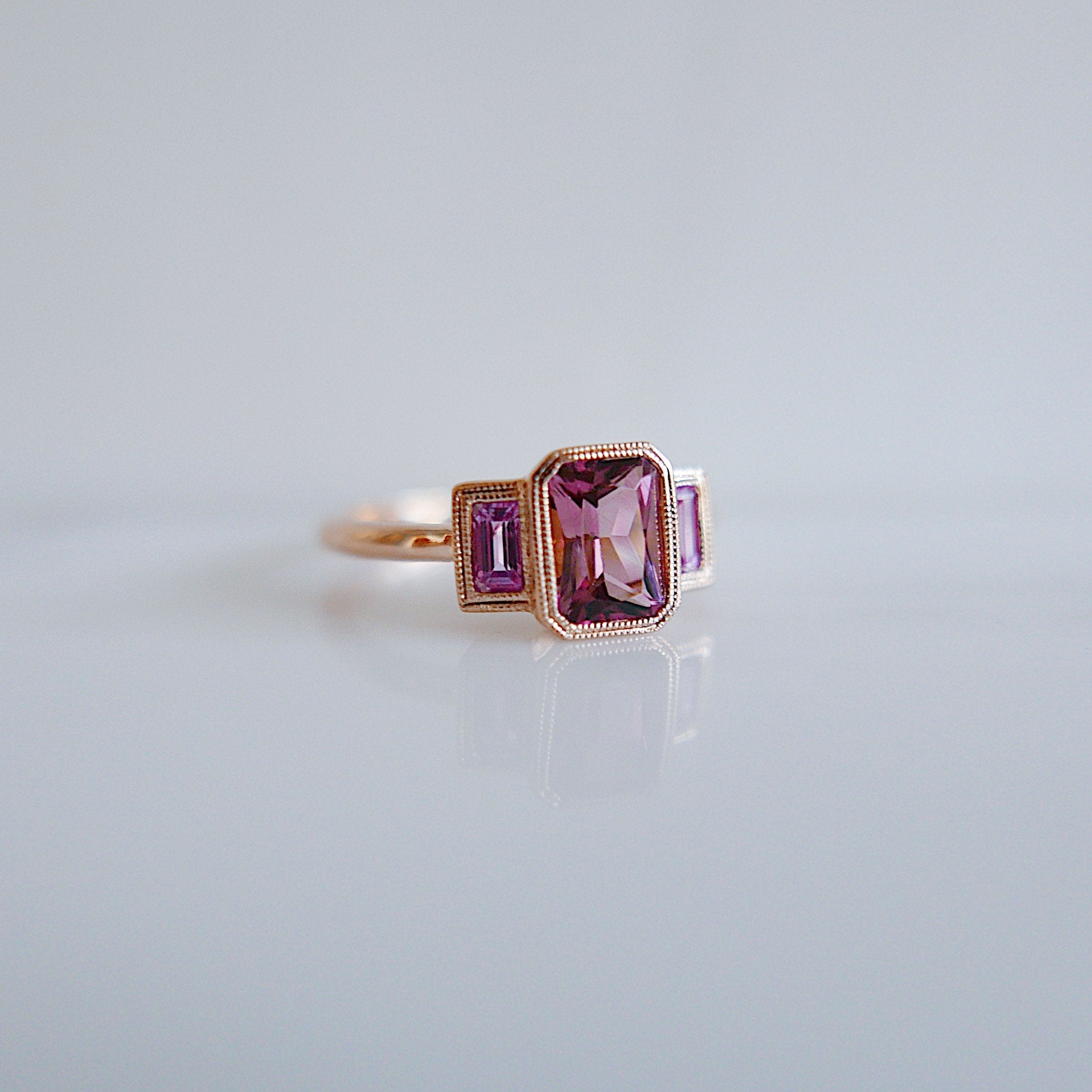 Charlotte Radiant Pink Tourmaline and Sapphire Ring, emerald cut bezel 3 stone ring, three stone wedding ring, classic engagement ring